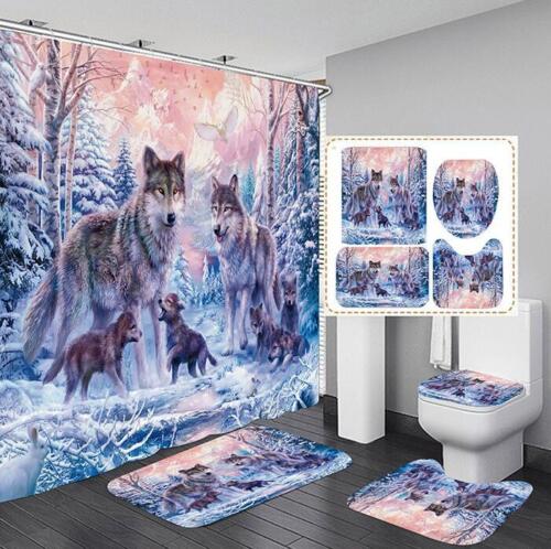 Forest Wolf Family Animal Print Shower Curtain And Mat For Bathroom