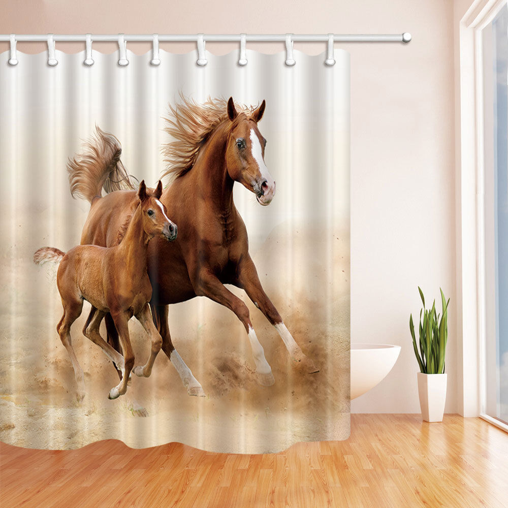Brown Horse Animal Print Decorative Shower Curtain With 12 Hooks For Bathroom