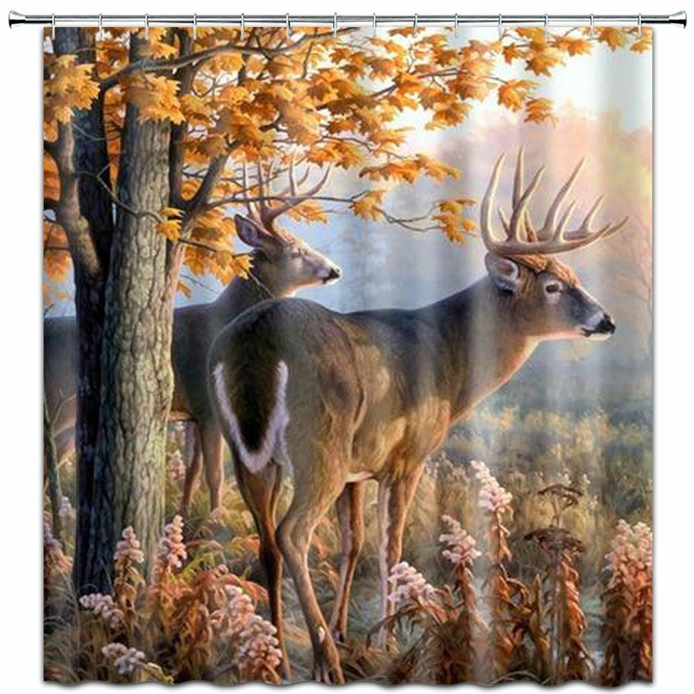 Elk In Autumn Forest Animal Print Shower Curtain For Bathroom Decor