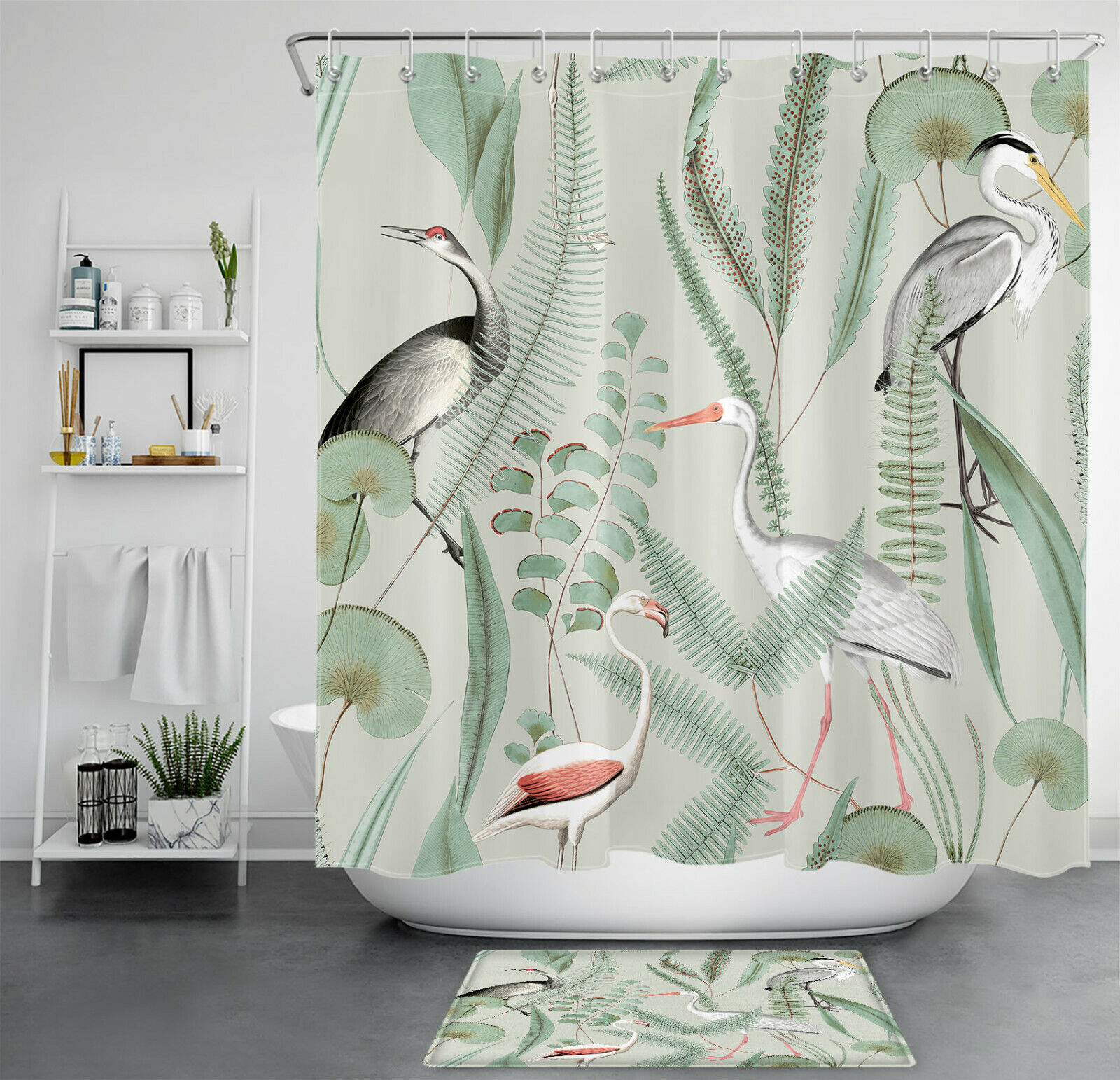 Green Nature Botanical Leaf Bird Animal Print Shower Curtain For Bathroom Decor