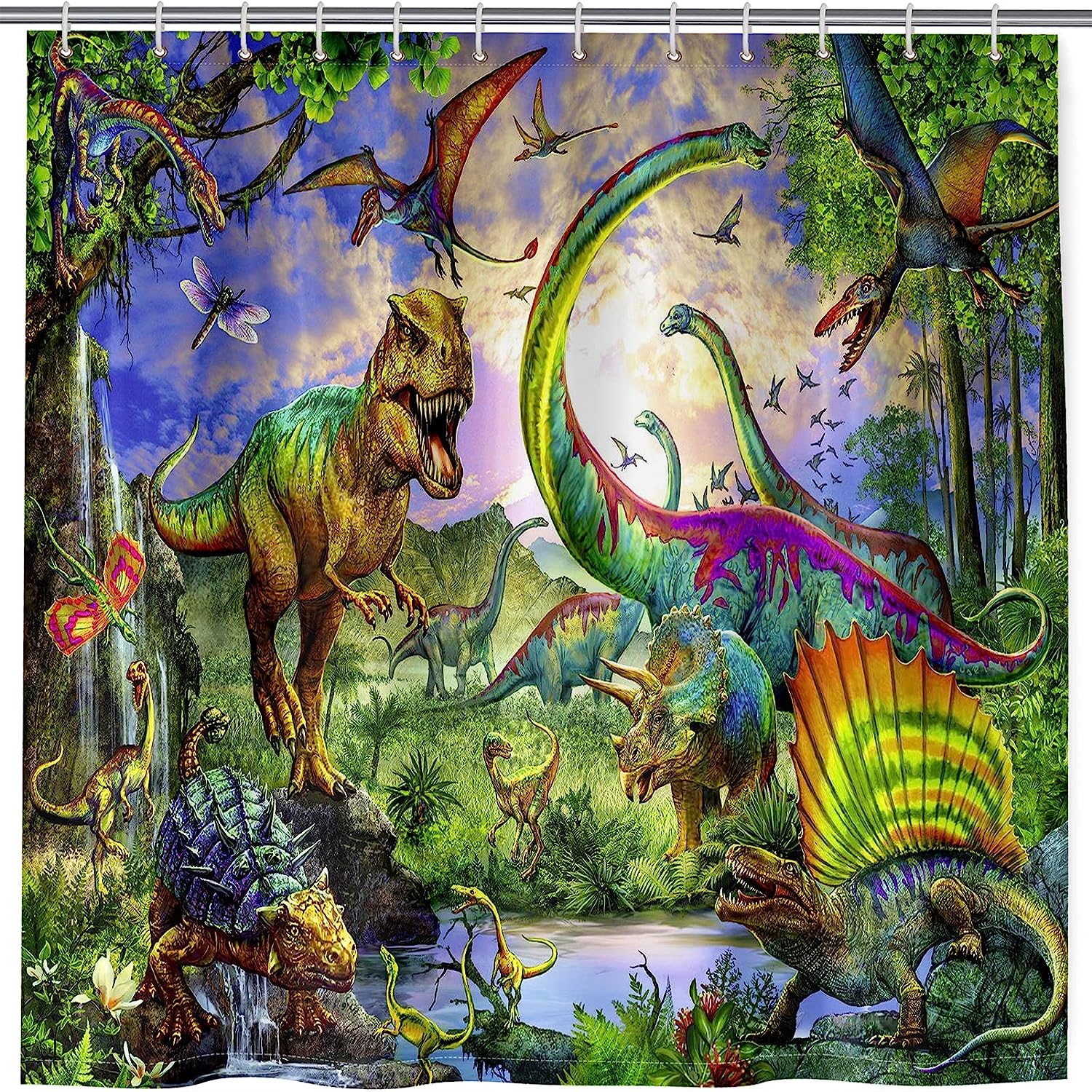 Dinosaur Jungle Wildlife Print Theme Waterproof Fabric Shower Curtain For Bathroom Decor