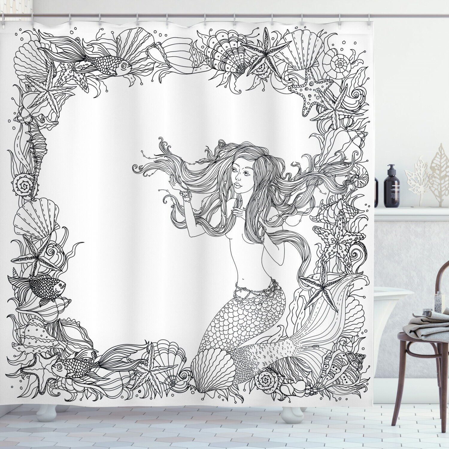 Seashells Mermaid Myth Ancient Print Shower Curtain Nautical Bathroom Decor