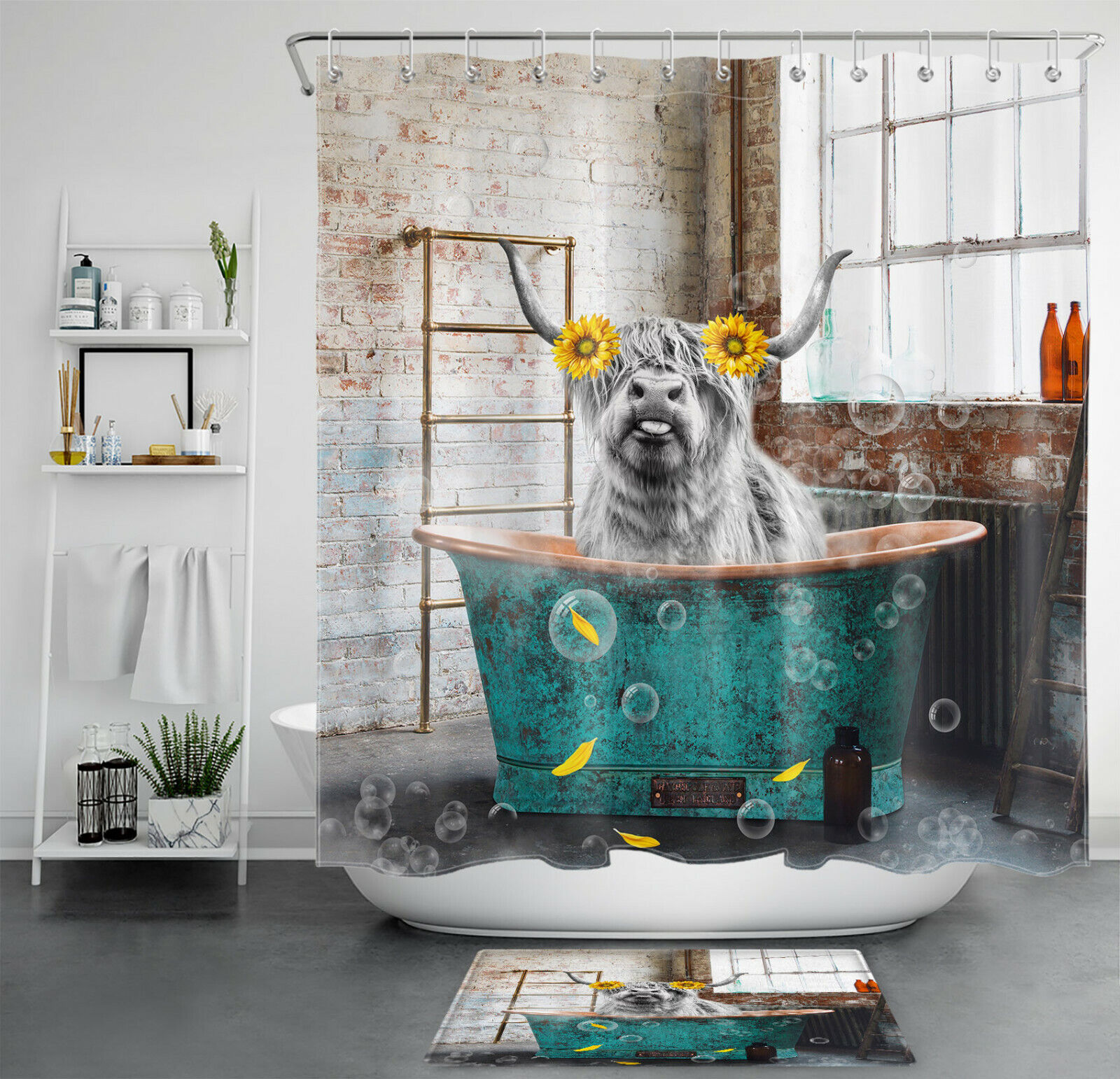 Highland Cow Sunflower Flower Ancient Bathtub Shower Curtain Bathroom Decor Fabric