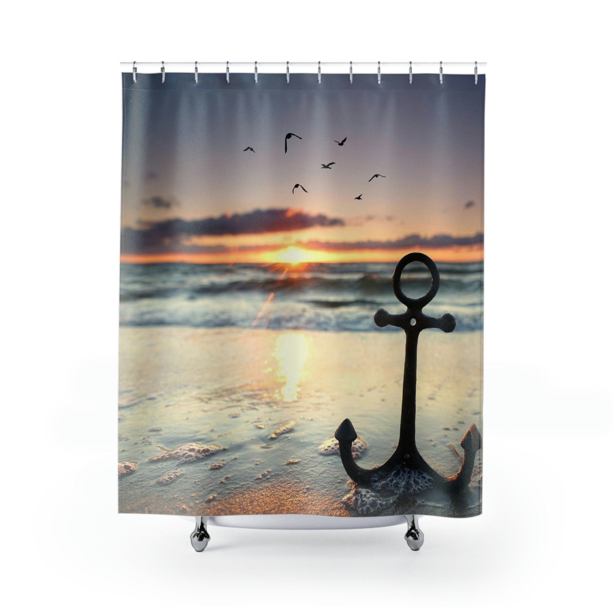 Sunset Anchor Shower Curtain Ocean Fabric For Bathroom
