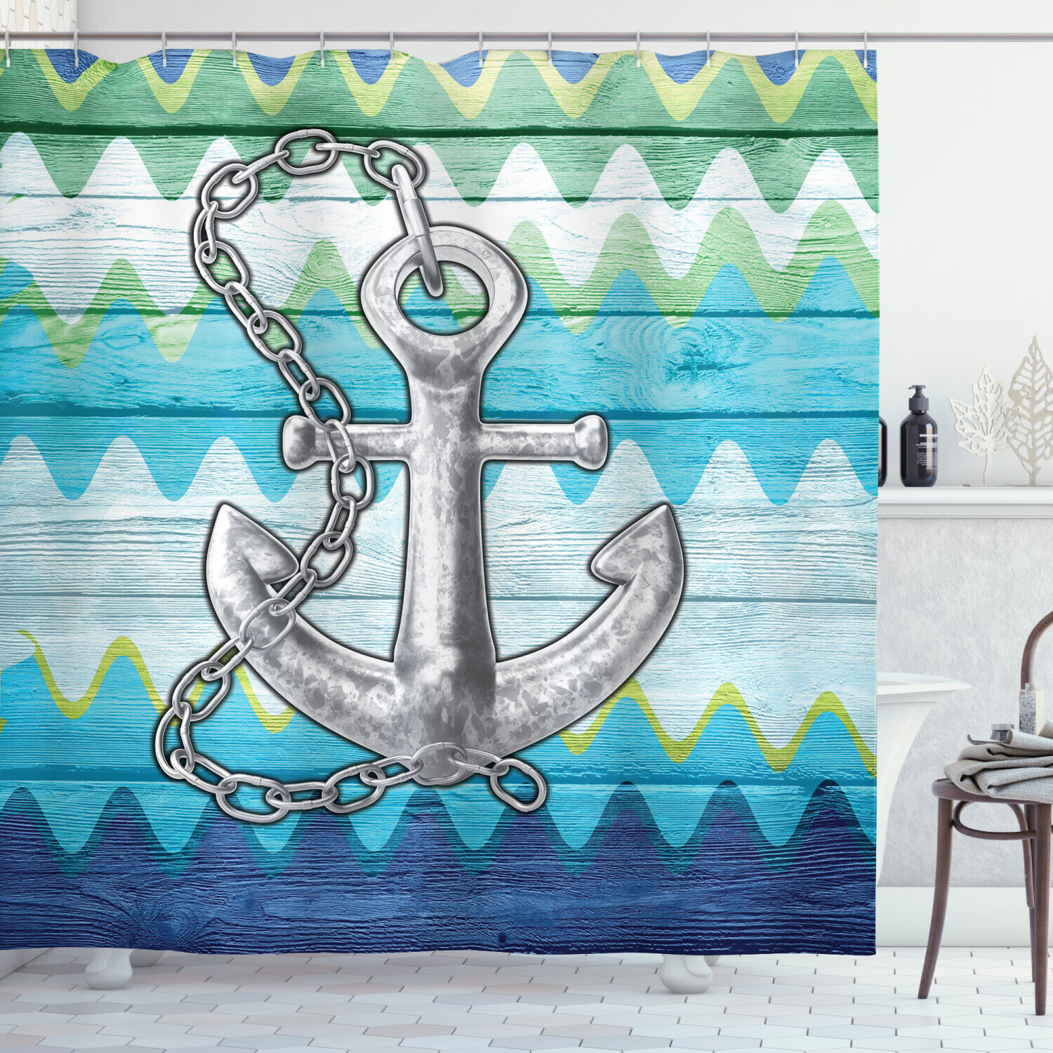 Nautical Chevron Zigzags Anchor Shower Curtain Print For Bathroom