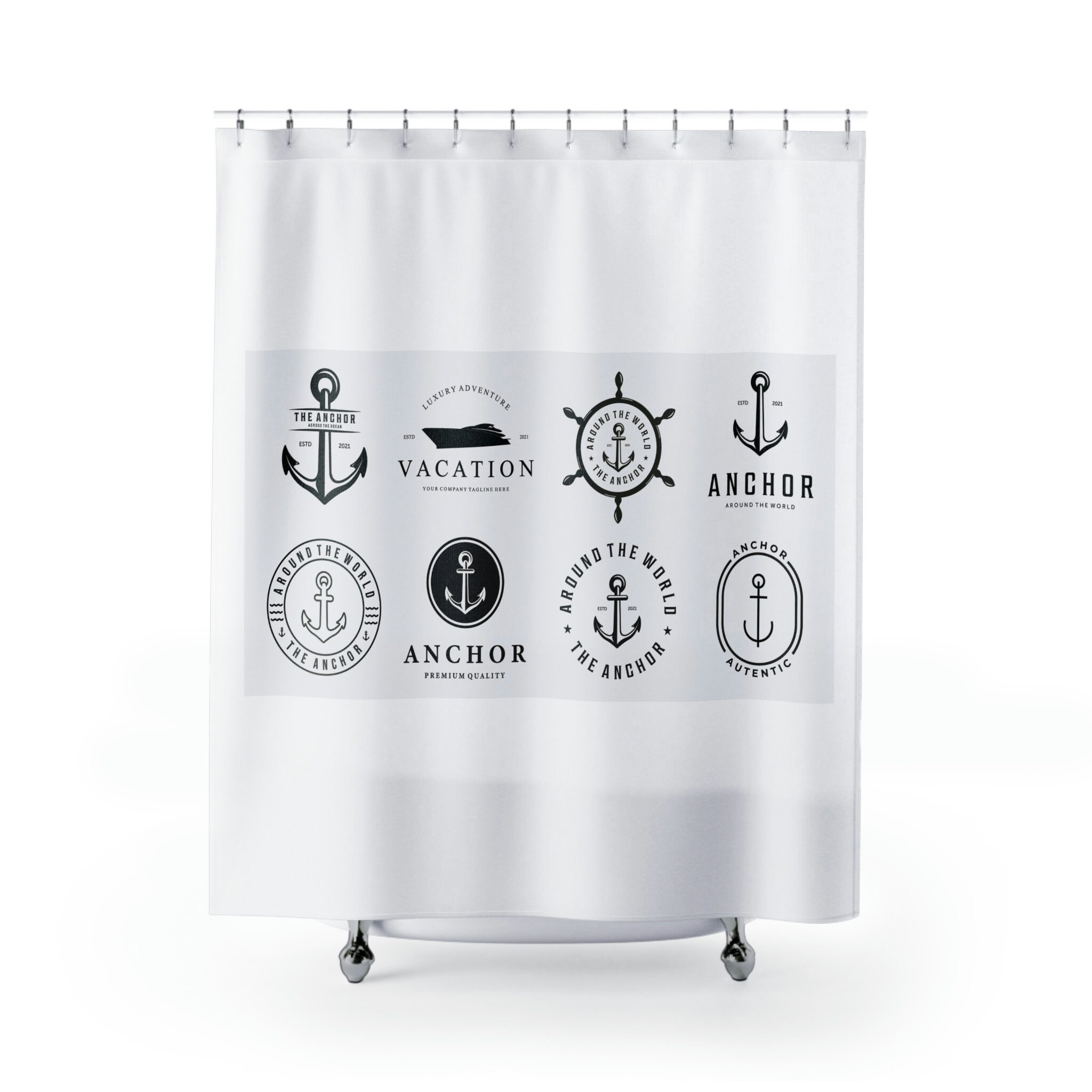 Simple Black And White Anchor Marine Shower Curtain Fabric For Bathroom