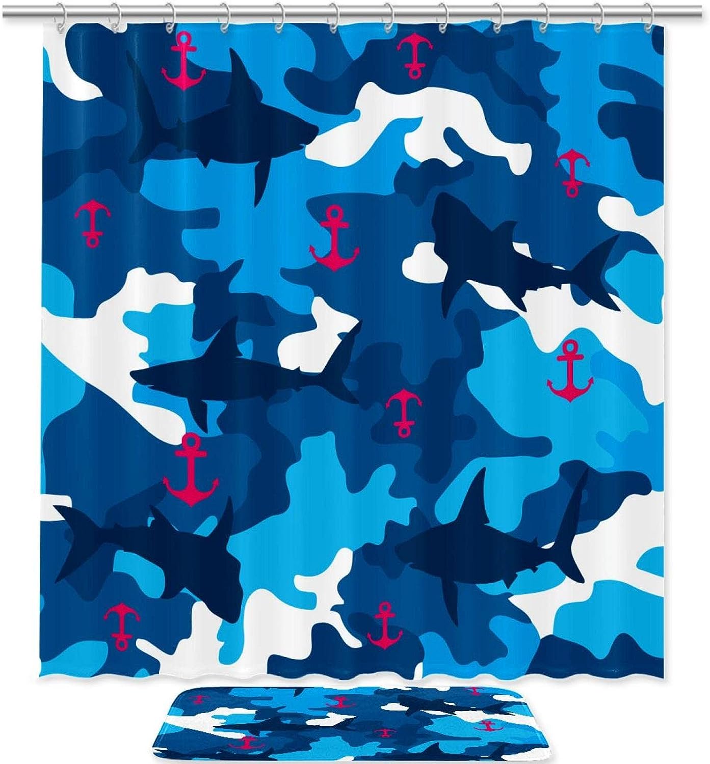 Camouflage Ocean Shark Anchor Shower Curtain For Bathroom