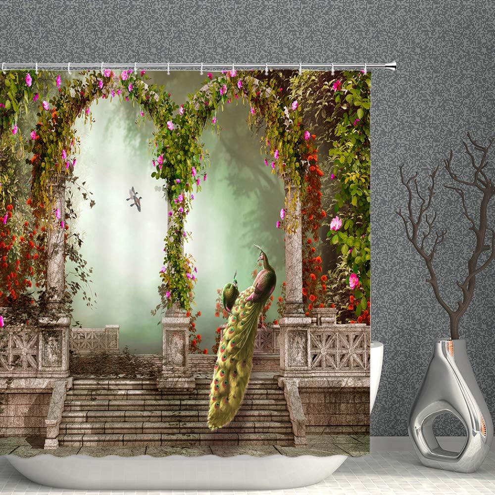 Fantasy Garden Peacock Decor Shower Curtain Arched Door Colorful Flowers For Creative Bathroom Home Decor Fabric Curtain