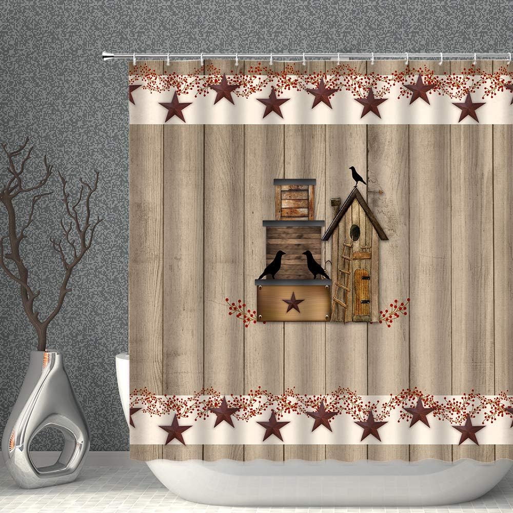 Country Birdhouse And Texas Star Shower Curtain Rustic Wood Barn Door Primitive Farmhouse With Pip Berry For Home Bathroom DCor