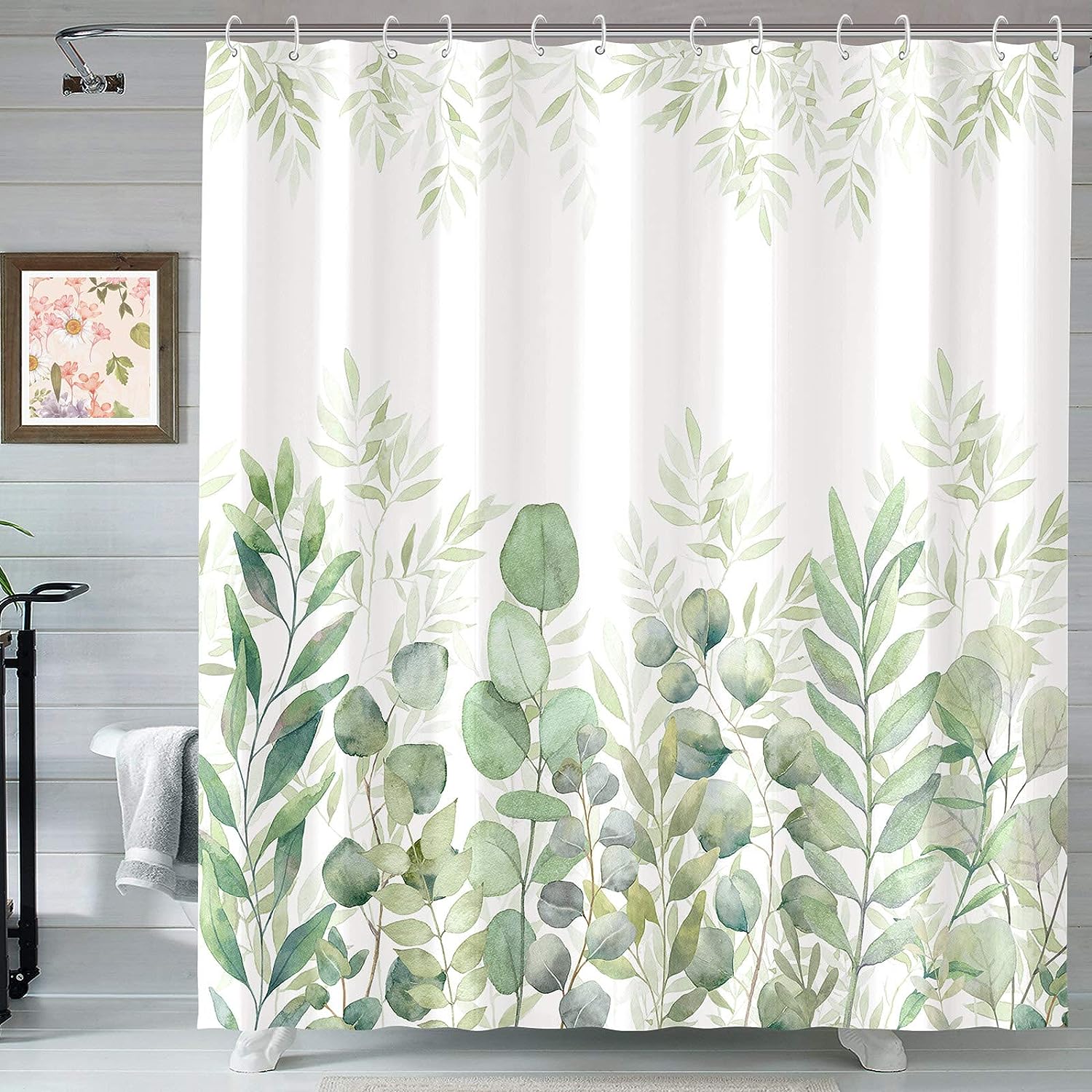 Green And White Plant Leaves Shower Curtain Fabric For Bathroom Home Decor