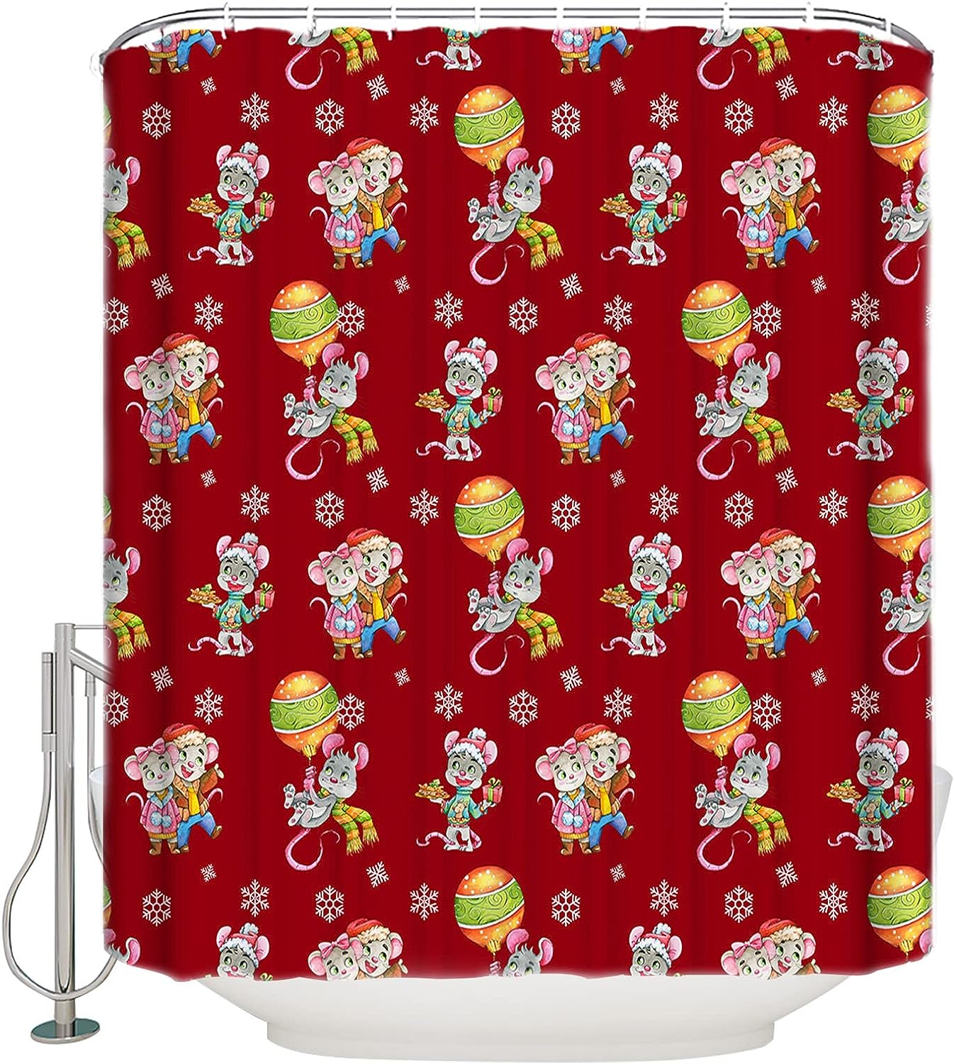Christmas Balls Cute Mouse Love Winter Snowflake Shower Curtain For Home Bathroom Decor