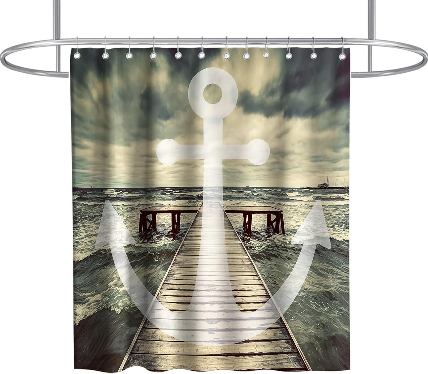 Nautical Anchor Beach Stripe Shower Curtain Trestle Theme Fabric For Bathroom Decor Waterproof Washable Grey