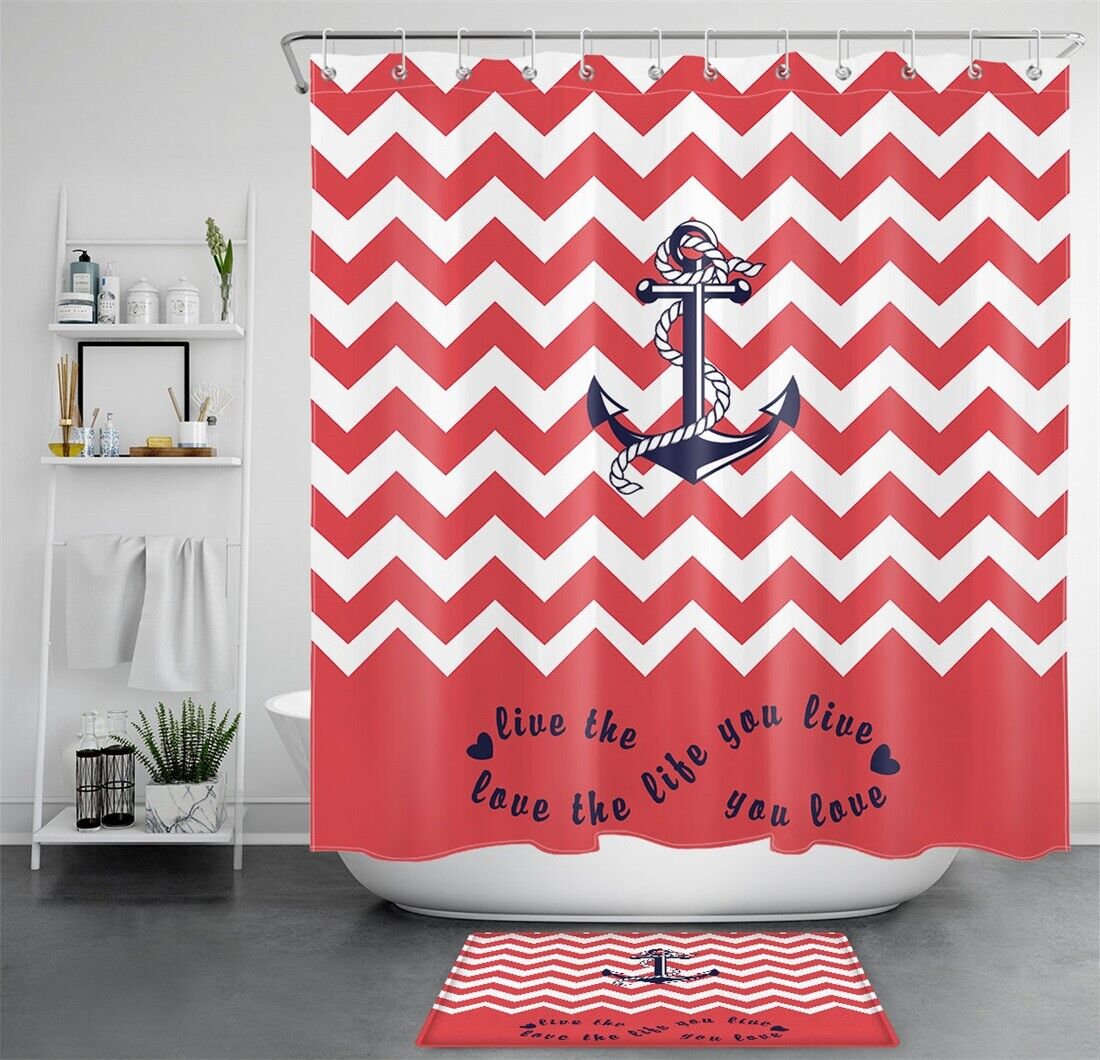 Inspirational Words Red Stripes Anchor Shower Curtain Waterproof Fabric For Bathroom