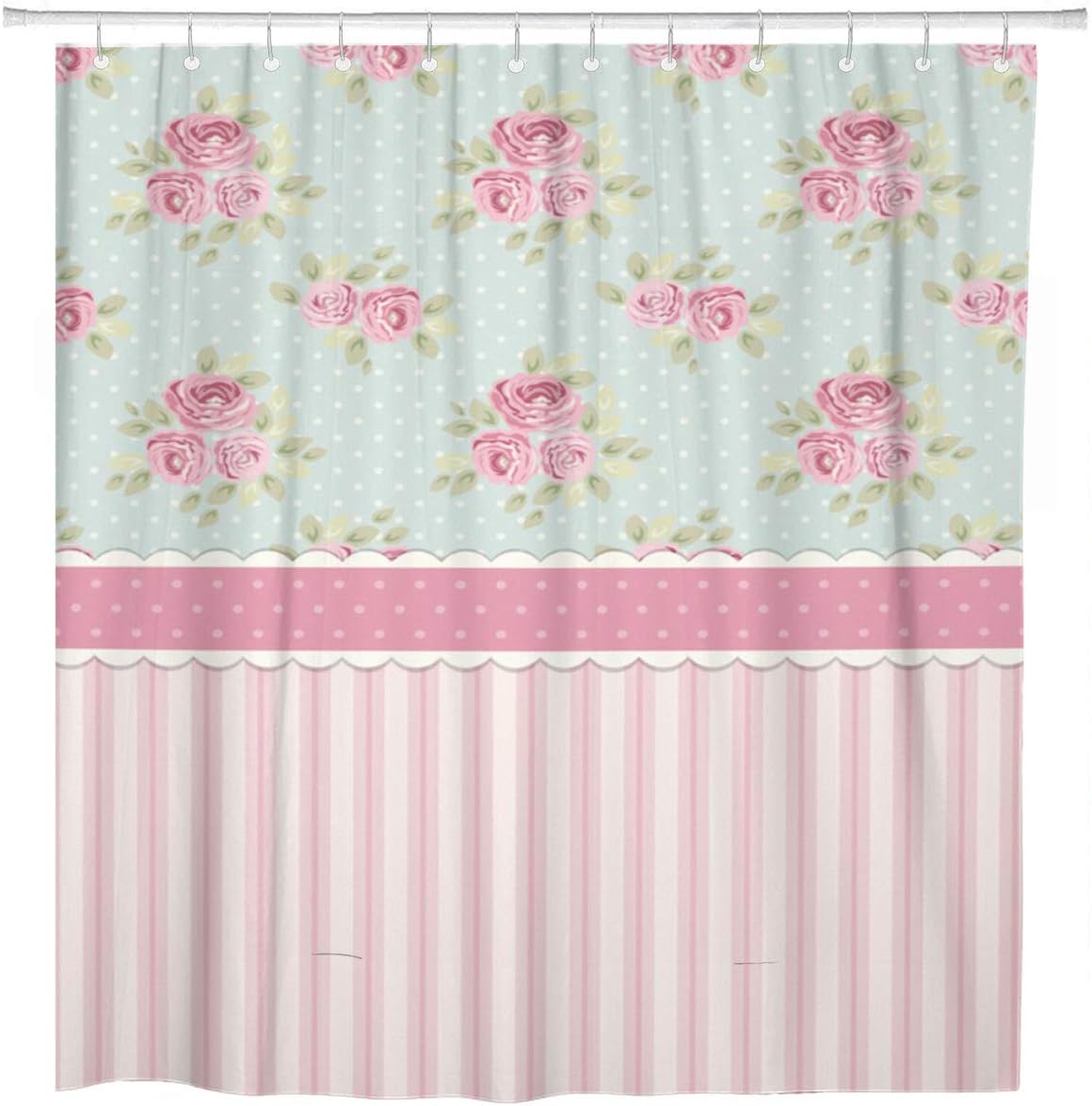 Cute Shabby Chic Roses And Polka Dots Pink Home Bathroom Decor Fabric Waterproof Shower Curtain