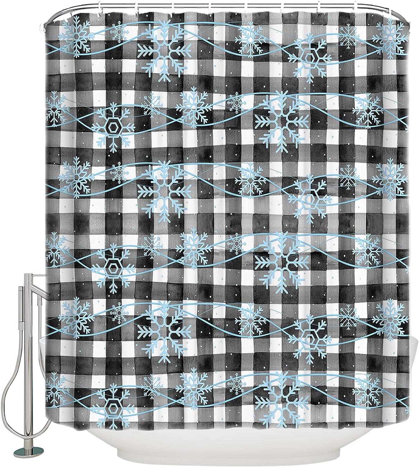 Christmas Blue Snowflake Black White Buffalo Plaid Shower Curtain For Home Bathroom Decor