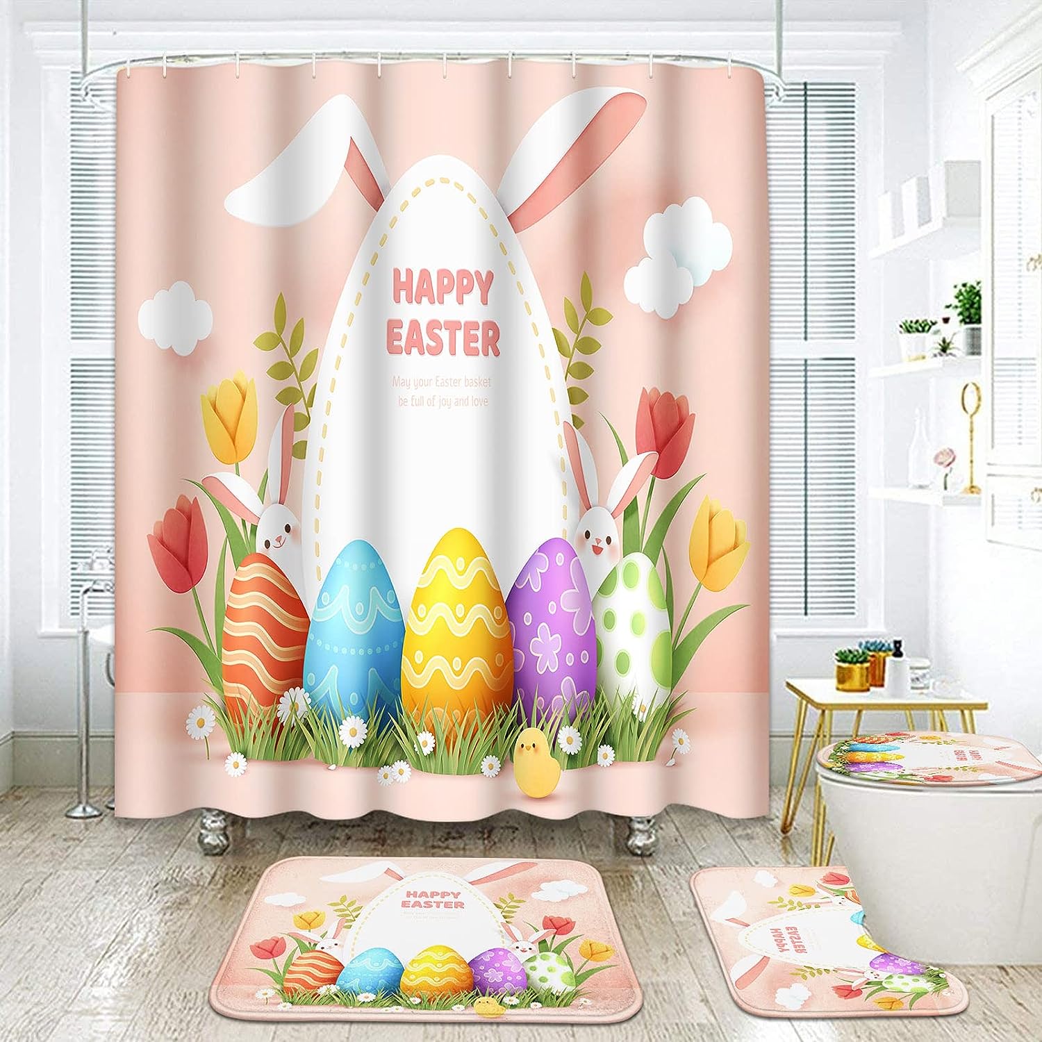 Easter Pink Egg Bunny Shower Curtain For Home Bathroom Decor