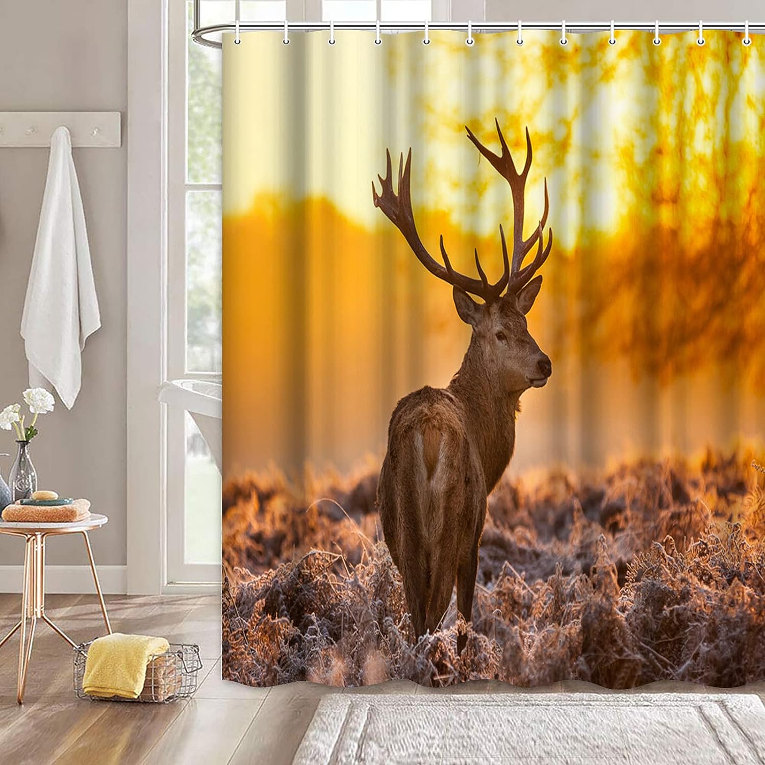 Deer In Sunset Landscape Wildlife Art Print Animal Shower Curtain For Bathroom Decor