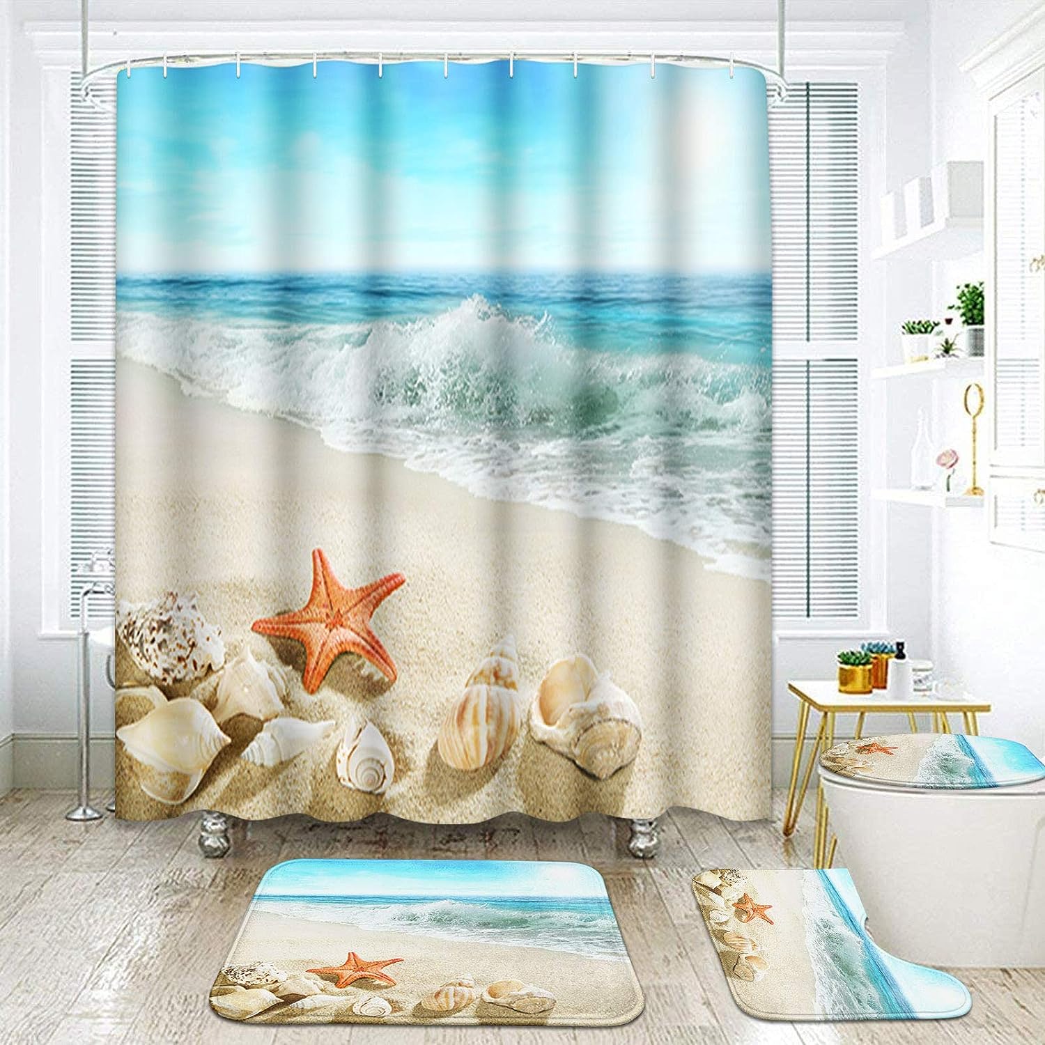 Summer Seascape Starfish Coastline Ocean Sunny Beach Shower Curtain For Bathroom Decor