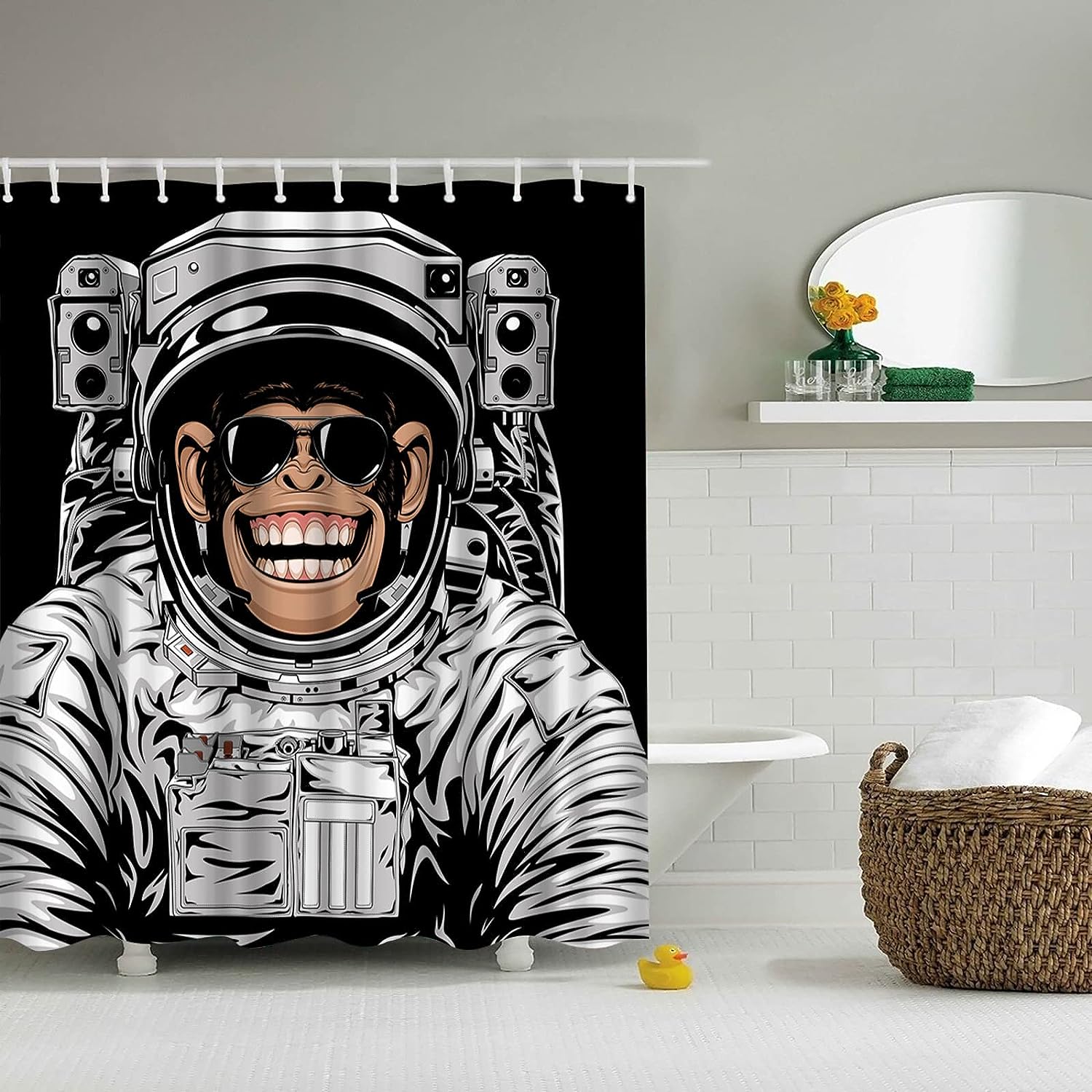 Funny Monkey Bathing Decor Astronaut Chimpanzee Portrait Shower Curtain For Kids Bathroom