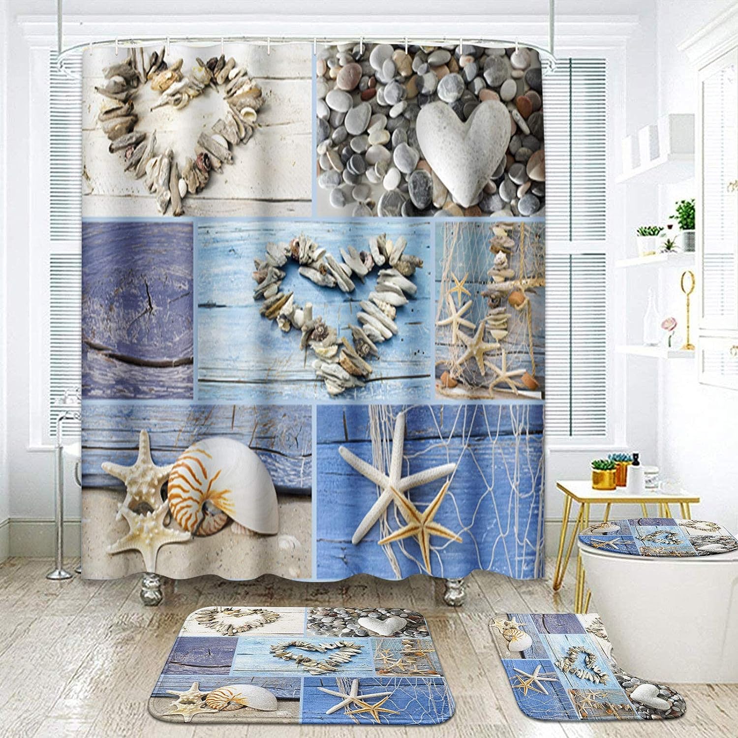 Collage Hearts Seashells Starfish Driftwood Beach Shower Curtain For Bathroom Decor