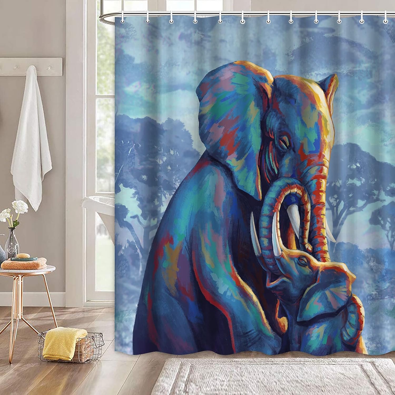 Elephant Family On African Landscape Animal Art Print Shower Curtain For Bathroom Decor