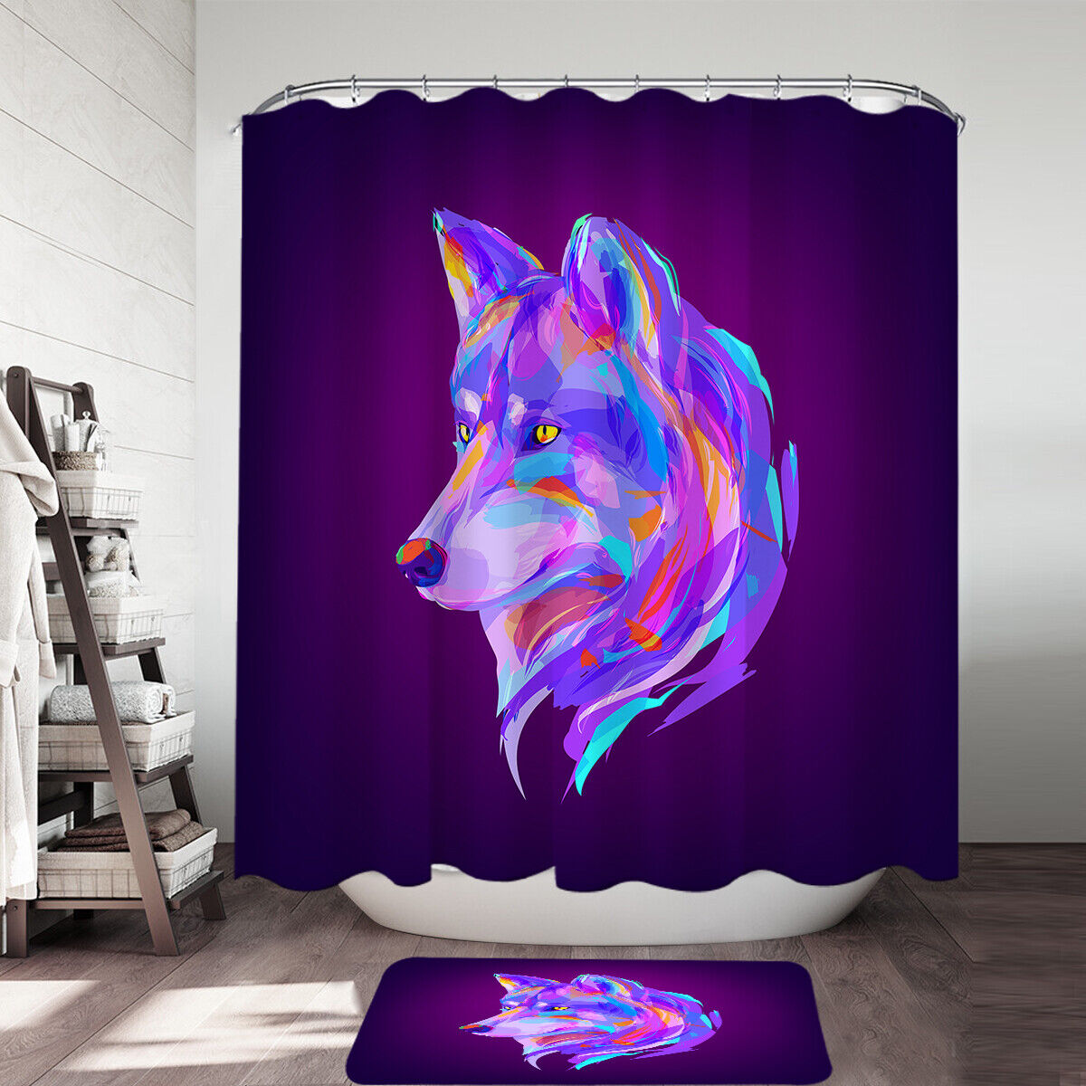 Bold And Vibrant Purple Wolf Shower Curtain With Artistic Design