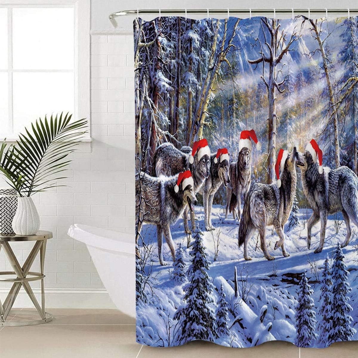 Forest Wolf With Christmas Hat Waterproof Fabric Christmas Shower Curtain For Home Hotel Bath Decor
