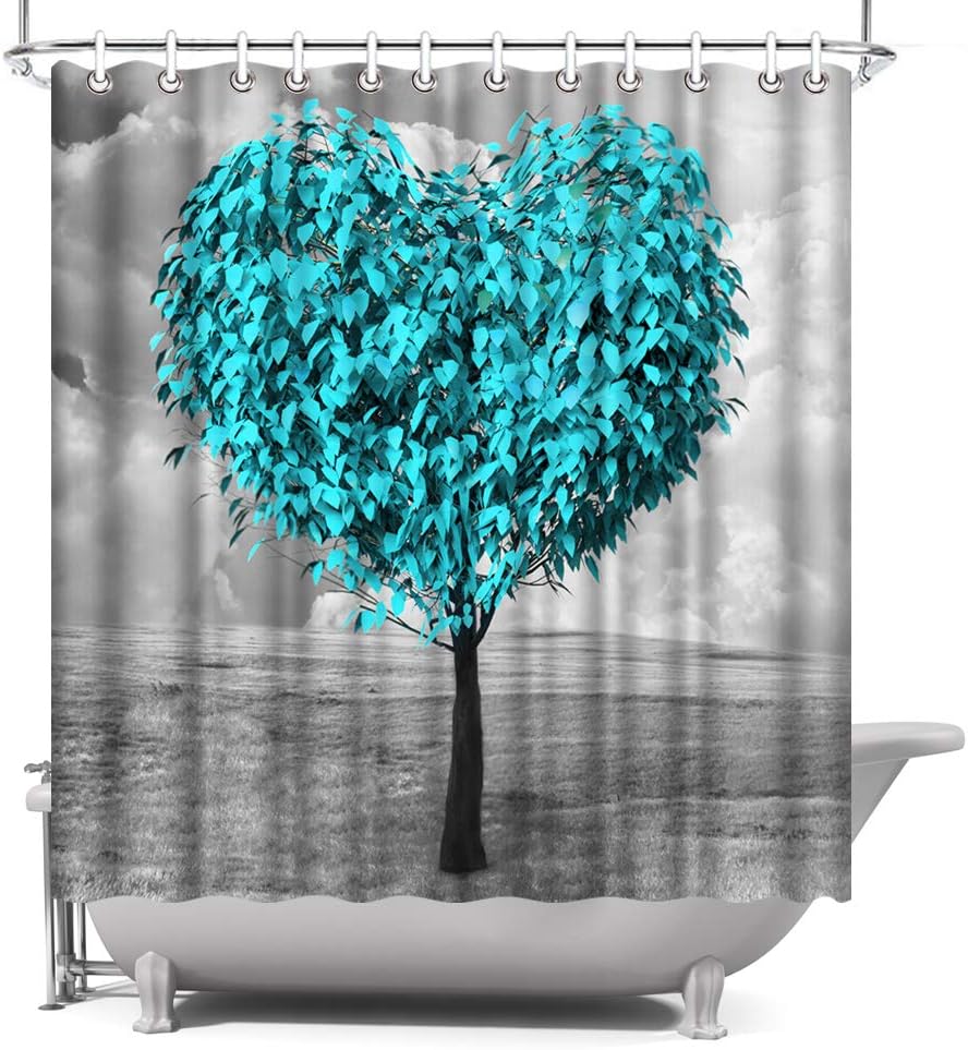 Relax With Artistic Print Teal Blue Tree Shower Curtain With Heart Shape Tree Bath Curtain Black And White Design