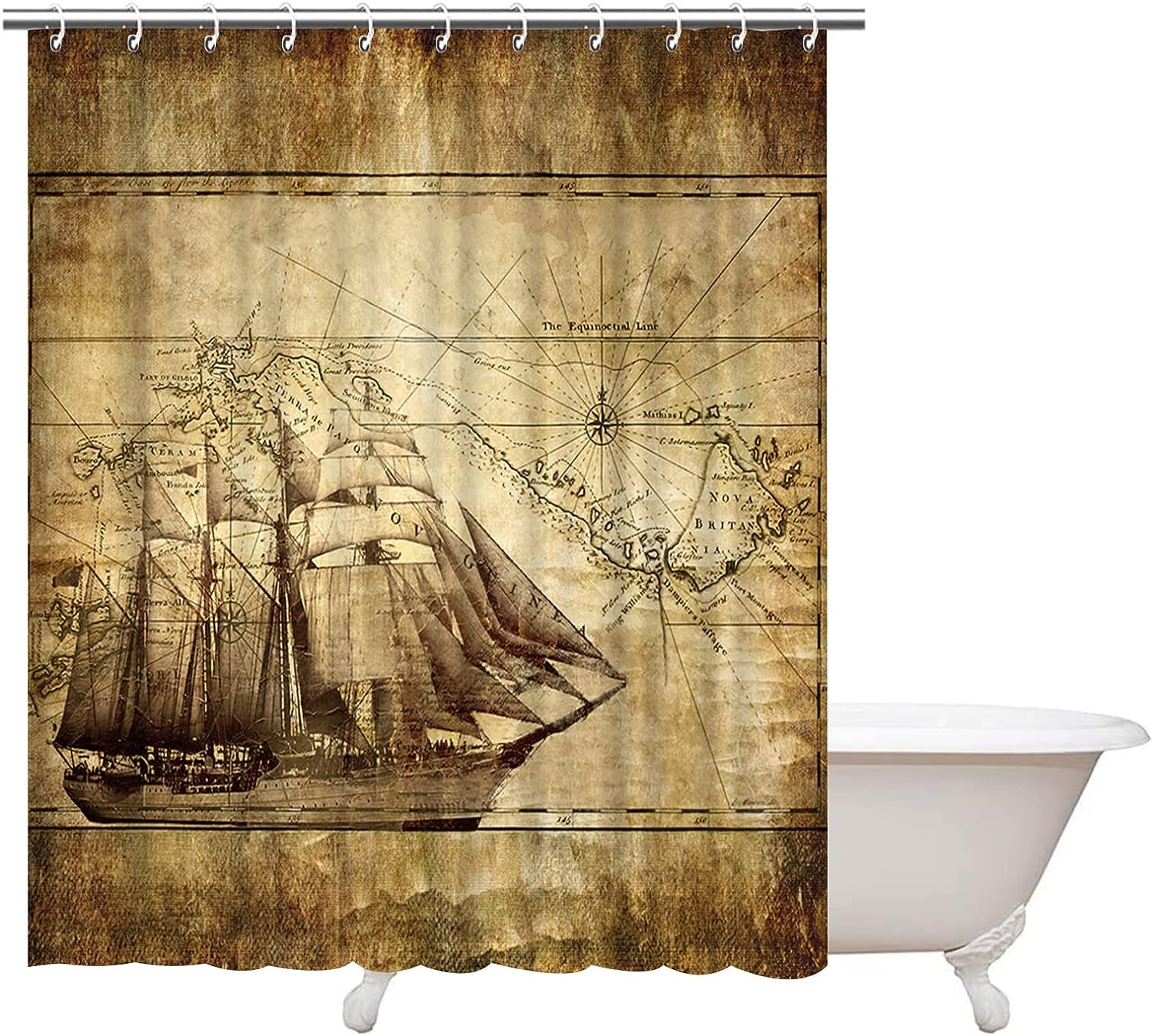 Set Sail With Artistic Print Nautical Shower Curtain With Ocean Sailing Boat Compass And Map Design