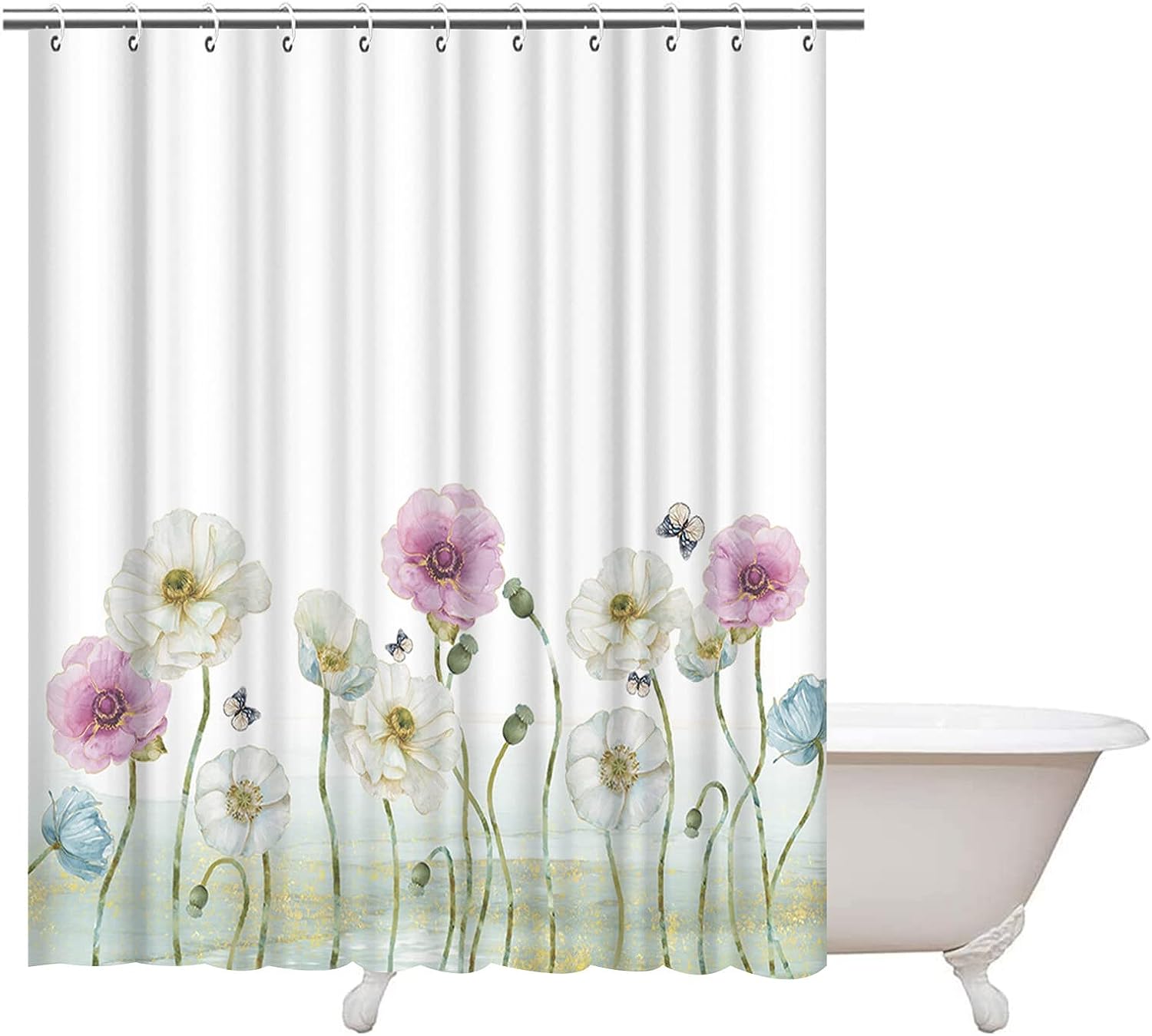 Elegant Pink Poppy Floral Shower Curtain With Artistic Print For Spring Landscape Bathroom Decor
