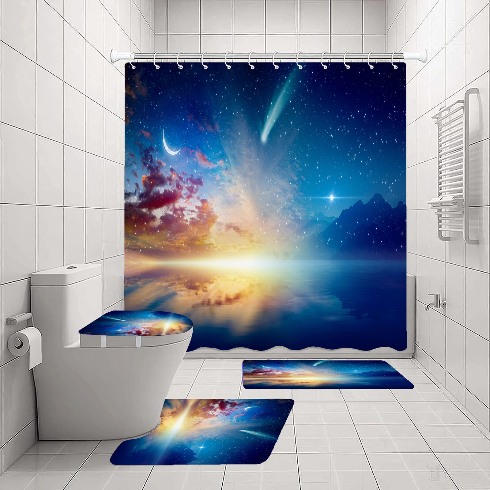 Dreamy Starry Sky Moon Cloud Ocean Shower Curtain With Artistic Design