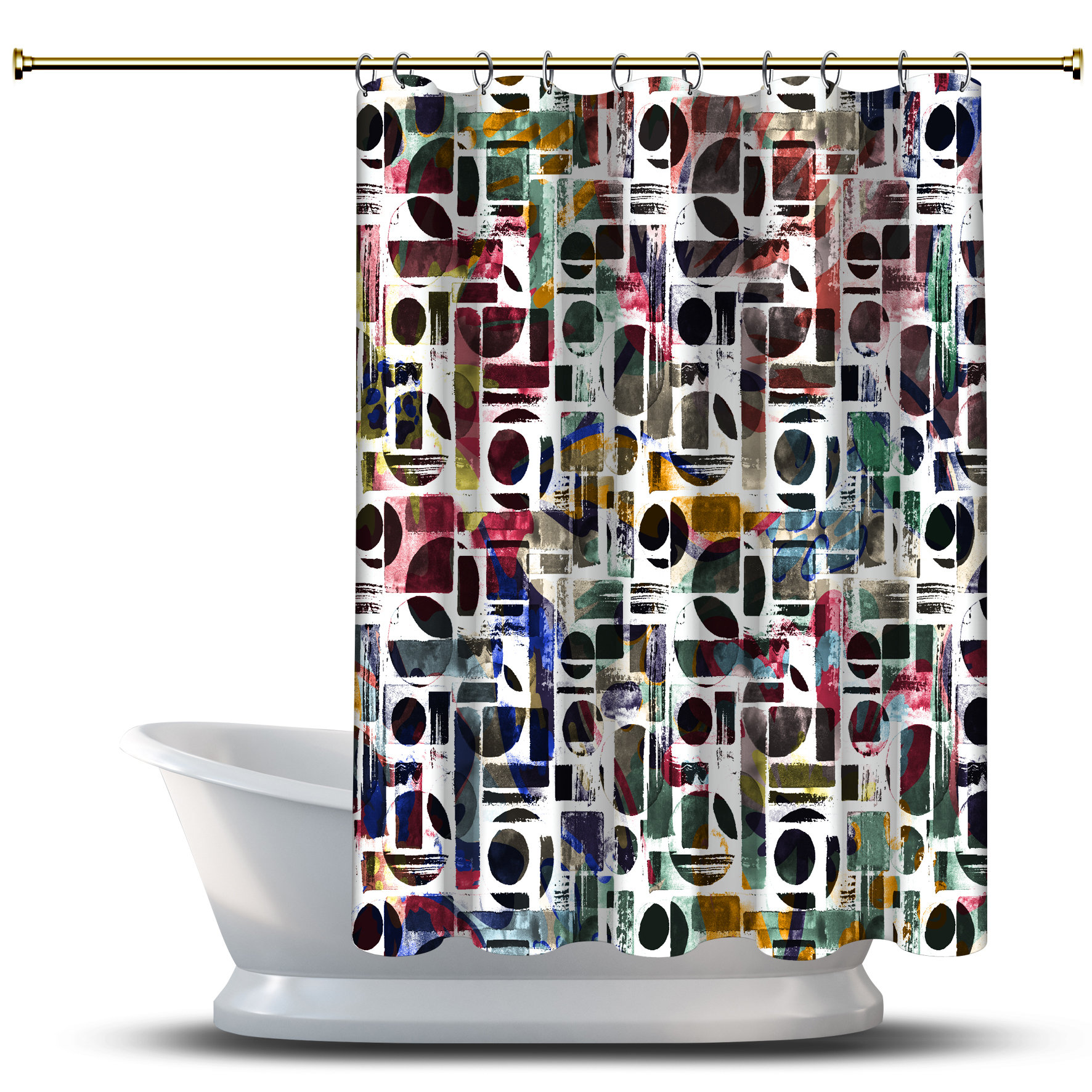 Multidimensional Multicolor Watercolor Geometric Shapes Artistic Print On Shower Curtain That Is Waterproof