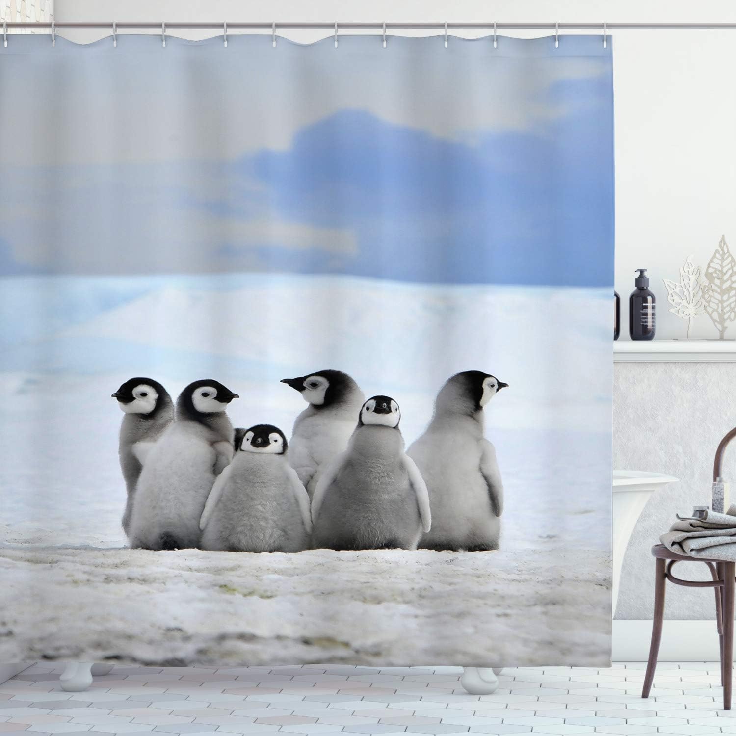 Penguin Arctic Animals Shower Curtain, Snow Pile Winter Sky Cloth Fabric Bathroom Decor