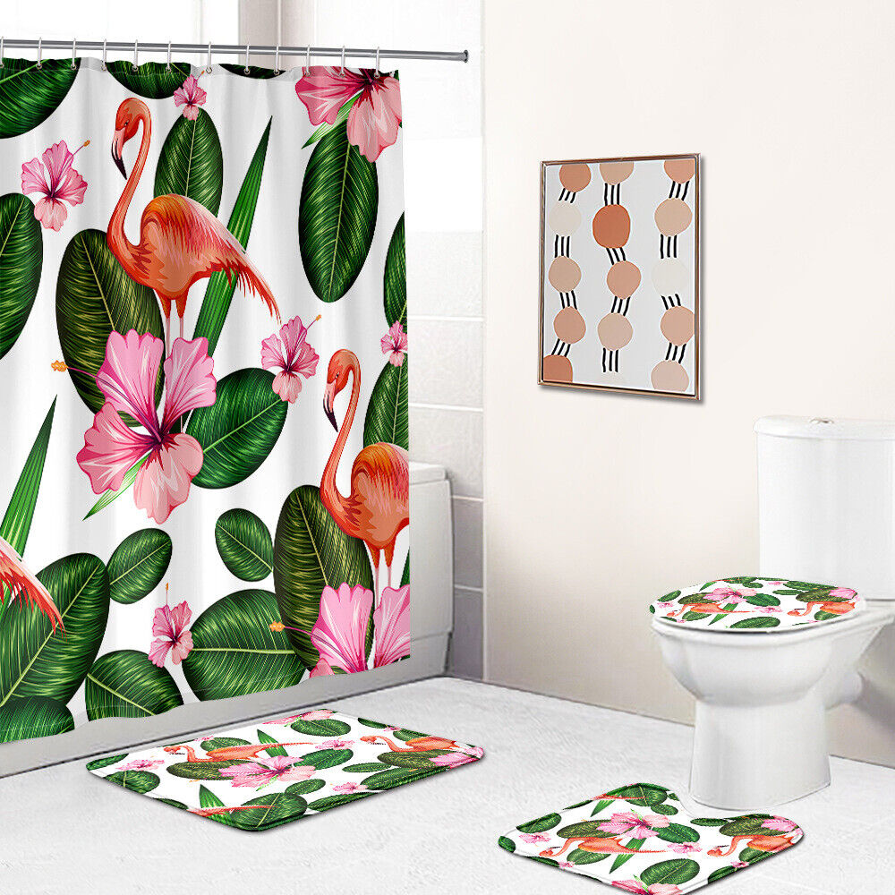 Flamingo And Palm Leaves Flower Shower Curtain For Your Bathroom Decor