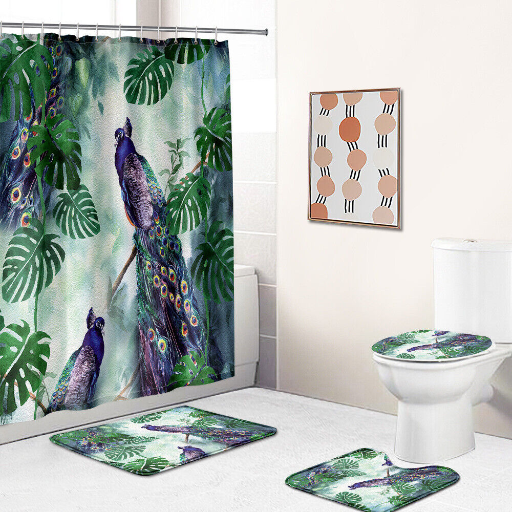 Gorgeous Palm Leaves And Peacocks Animal Shower Curtain With Waterproof Design