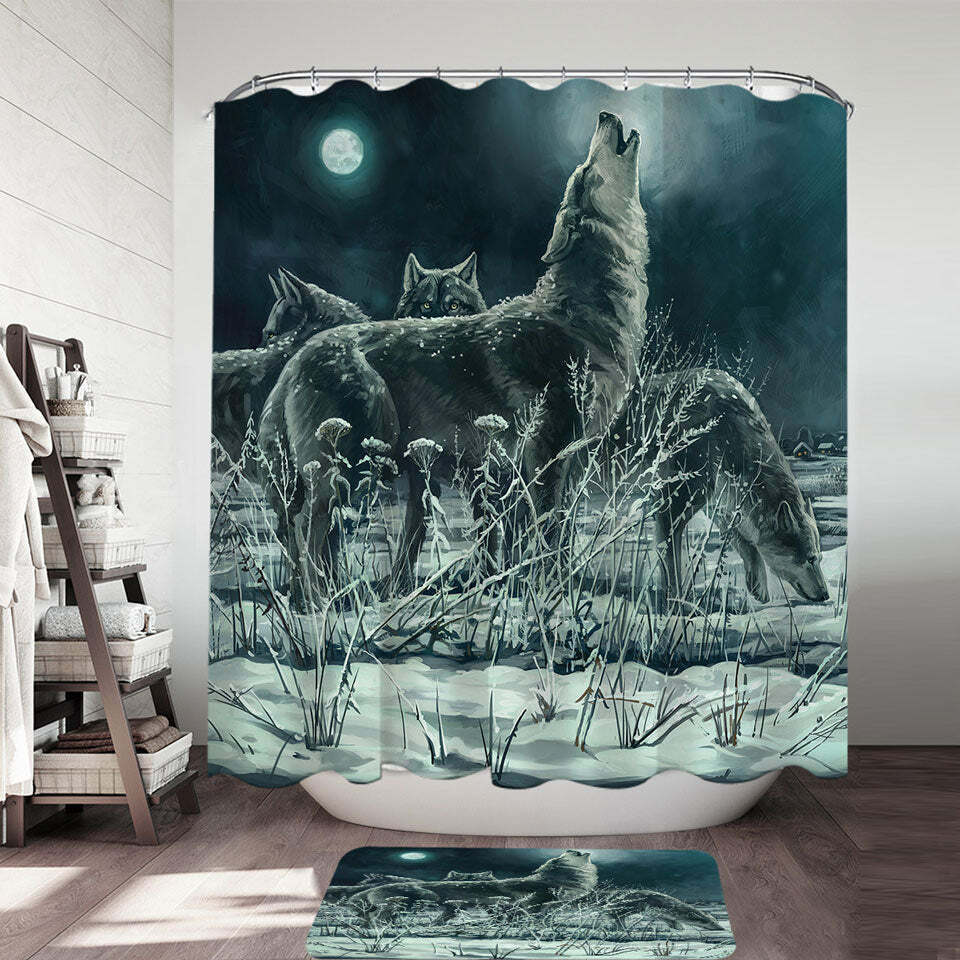 Full Moon Wolf Pack Shower Curtain Art Painting Nature Bathroom Decor