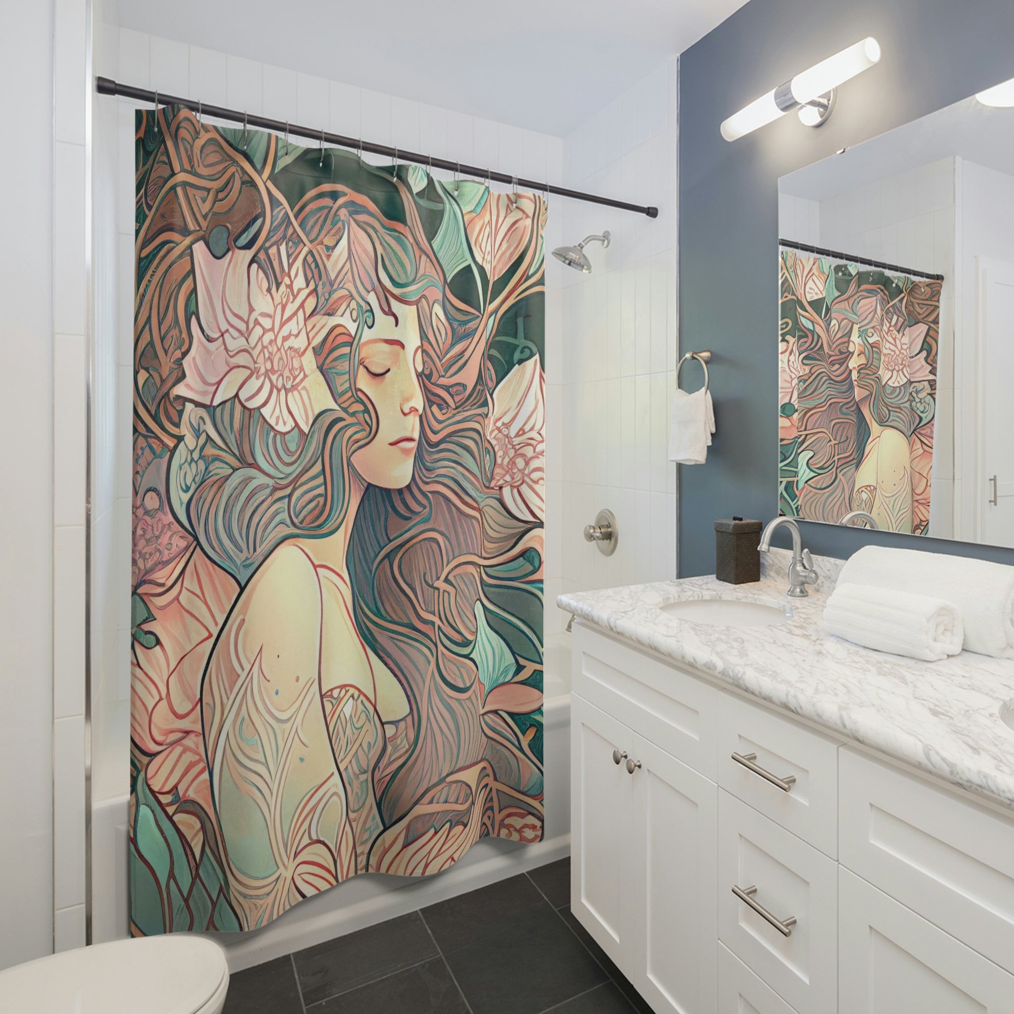 Mucha Style Mermaid Shower Curtain Art Nouveau Bathroom Decor With Muted Pastel Colors And Underwater Garden Design