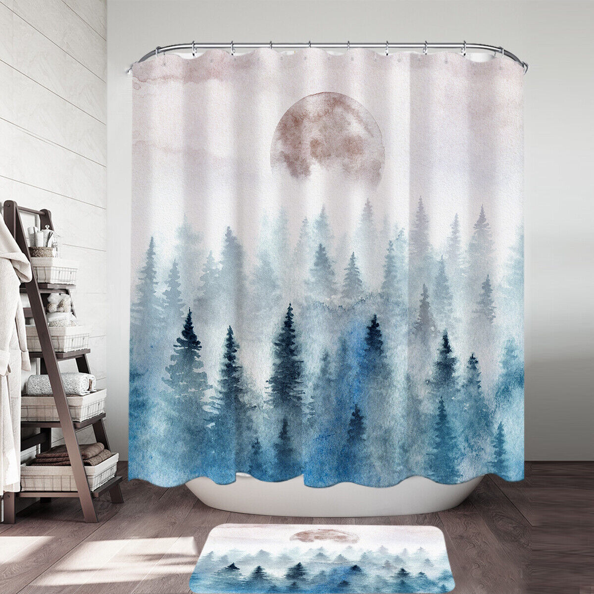 Full Moon Forest Shower Curtain Art Painting Nature Bathroom Decor