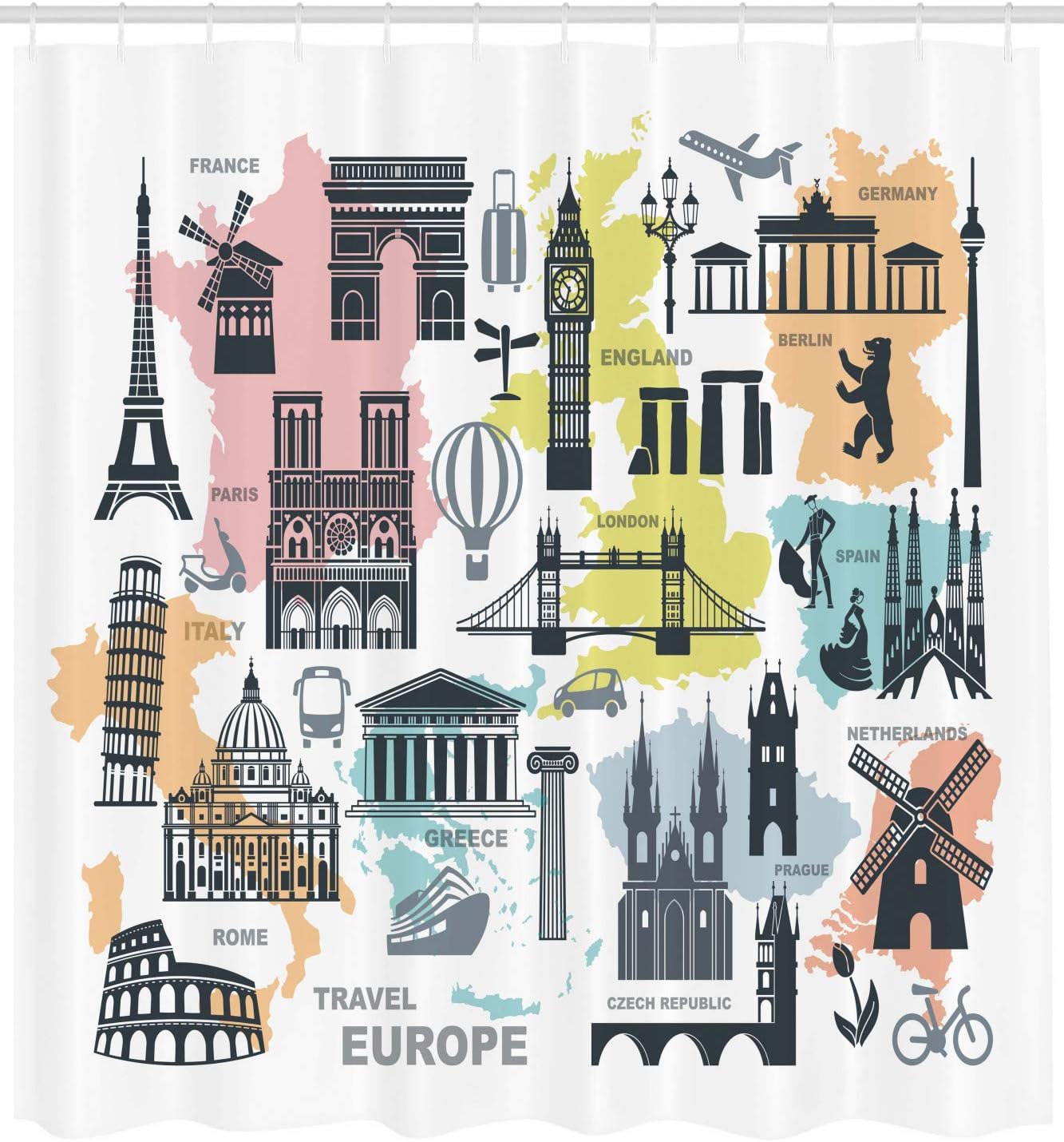Europe Landmarks Shower Curtain, Themed Silhouettes And Maps Print, Travel Bathroom Decor