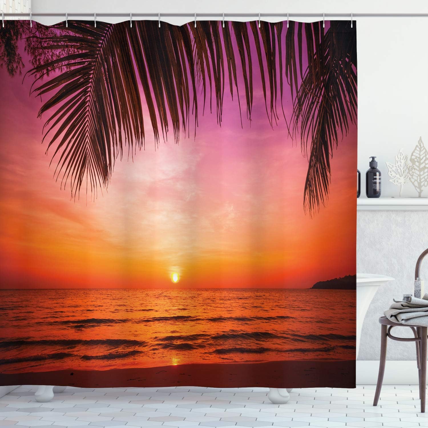 Sunset Over Sea Shower Curtain, Exotic Scenery From Coconut Palm Tree Leaf Heaven, Tropical Bathroom Decor