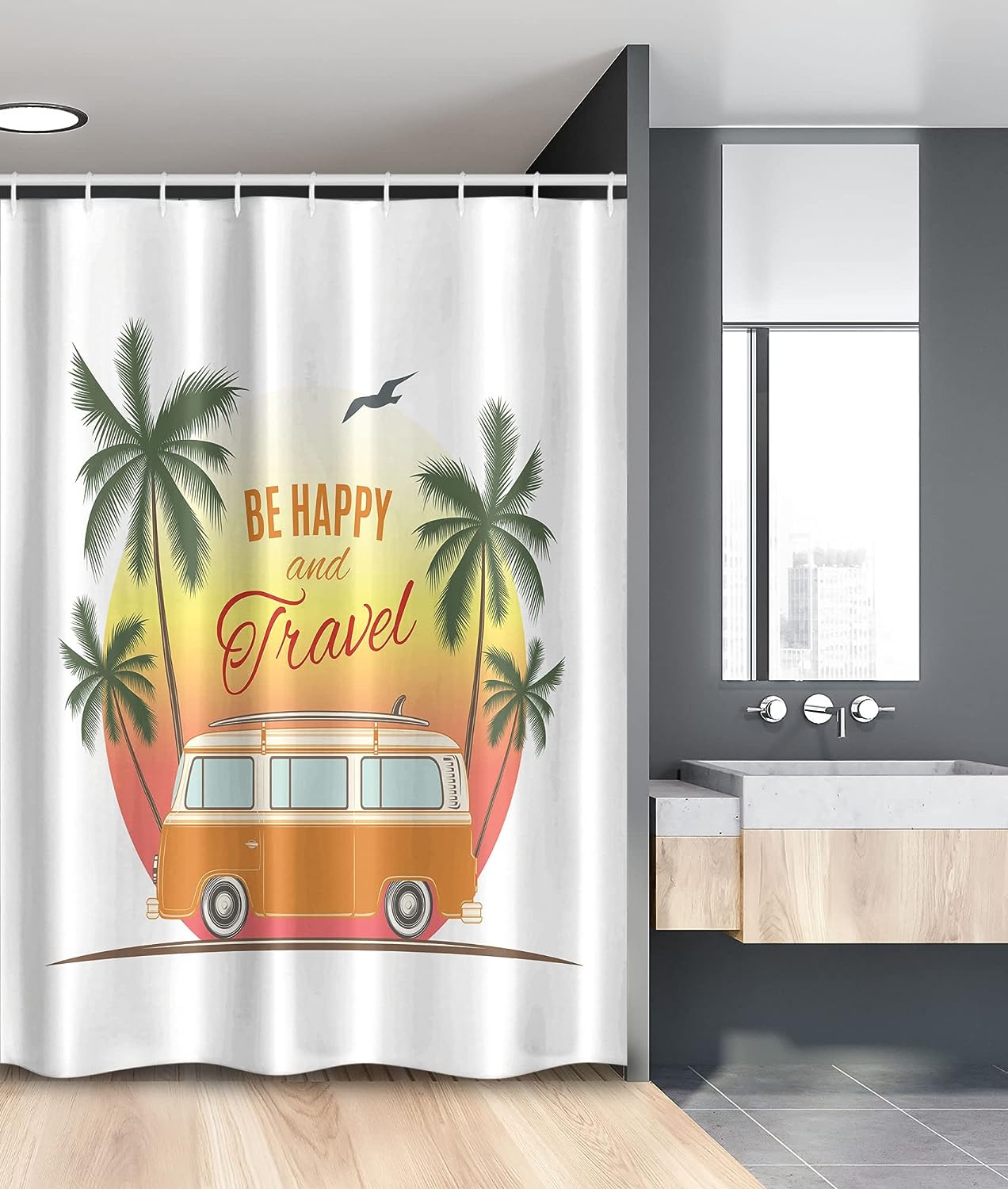 Retro Surf Van Shower Curtain, Palms And Camping Theme, Fabric Bathroom Decor