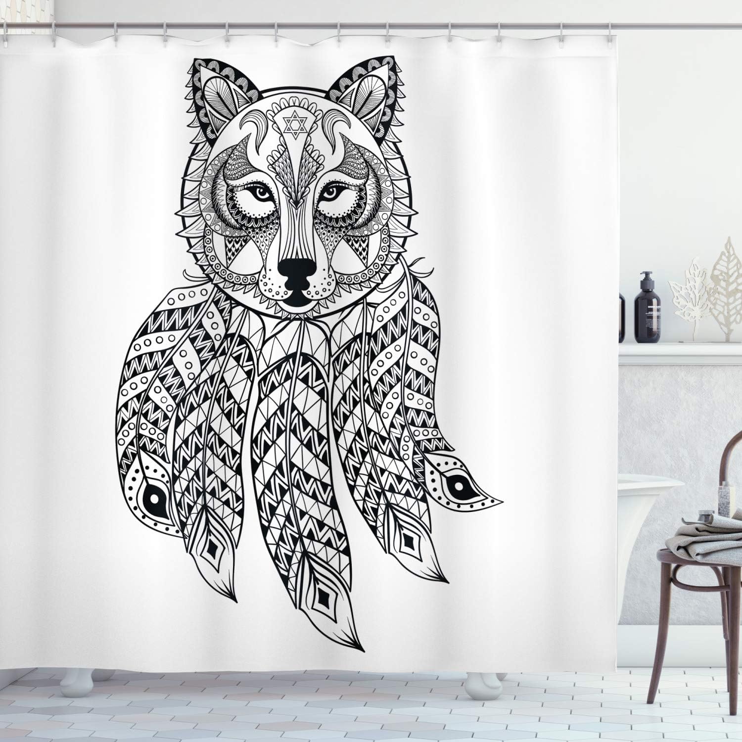 Native Wolf Shower Curtain, Ethnic Head With Feathers And Paisley Details Print, Bathroom Decor