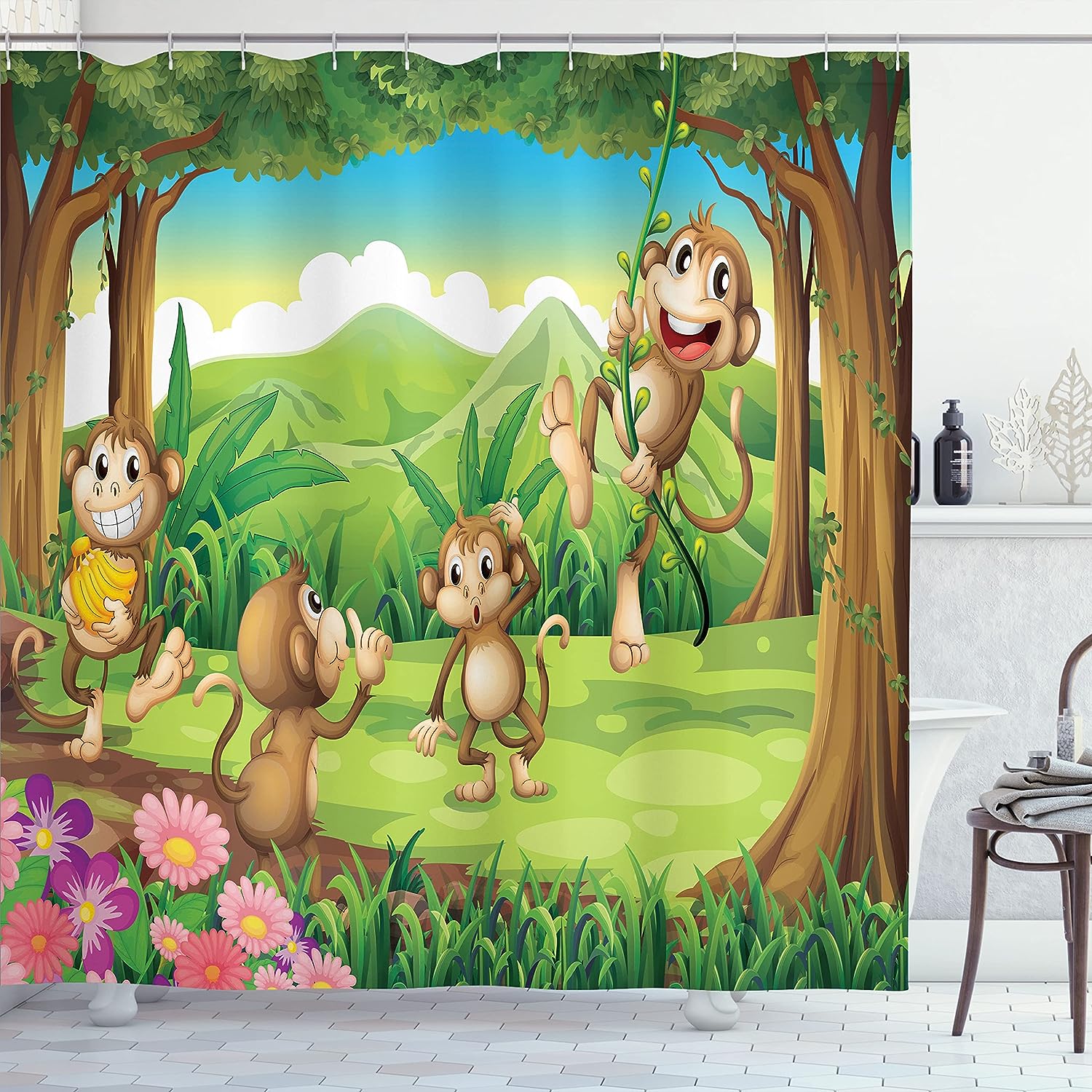 Fun Monkey Face Shower Curtain, Digital Dot Featured Little Geometrical Rounds Portrait, Tropical Bathroom Decor