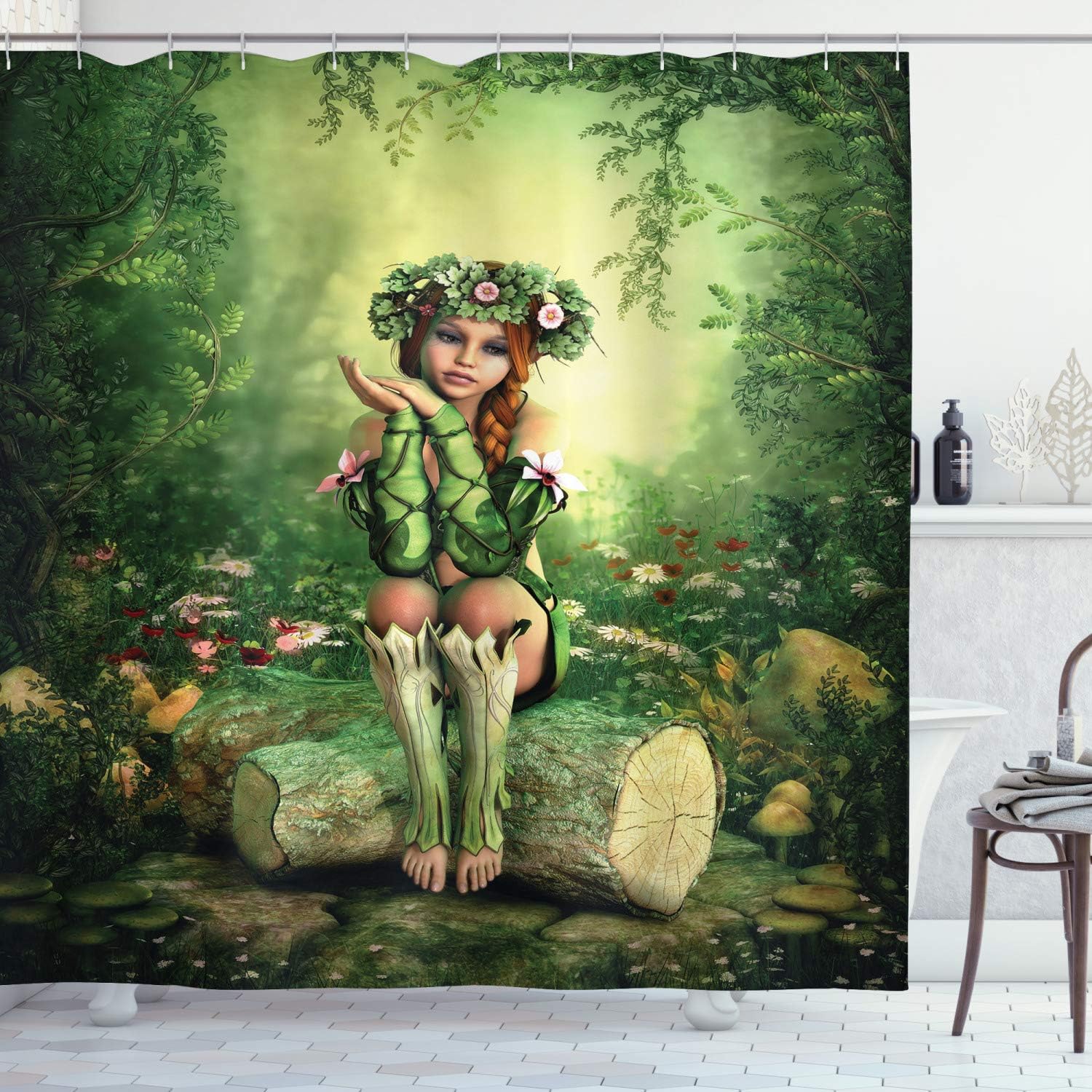 Enchanted Forest Shower Curtain, Computer Art Elf Girl Sitting On Tree Stump, Bathroom Decor