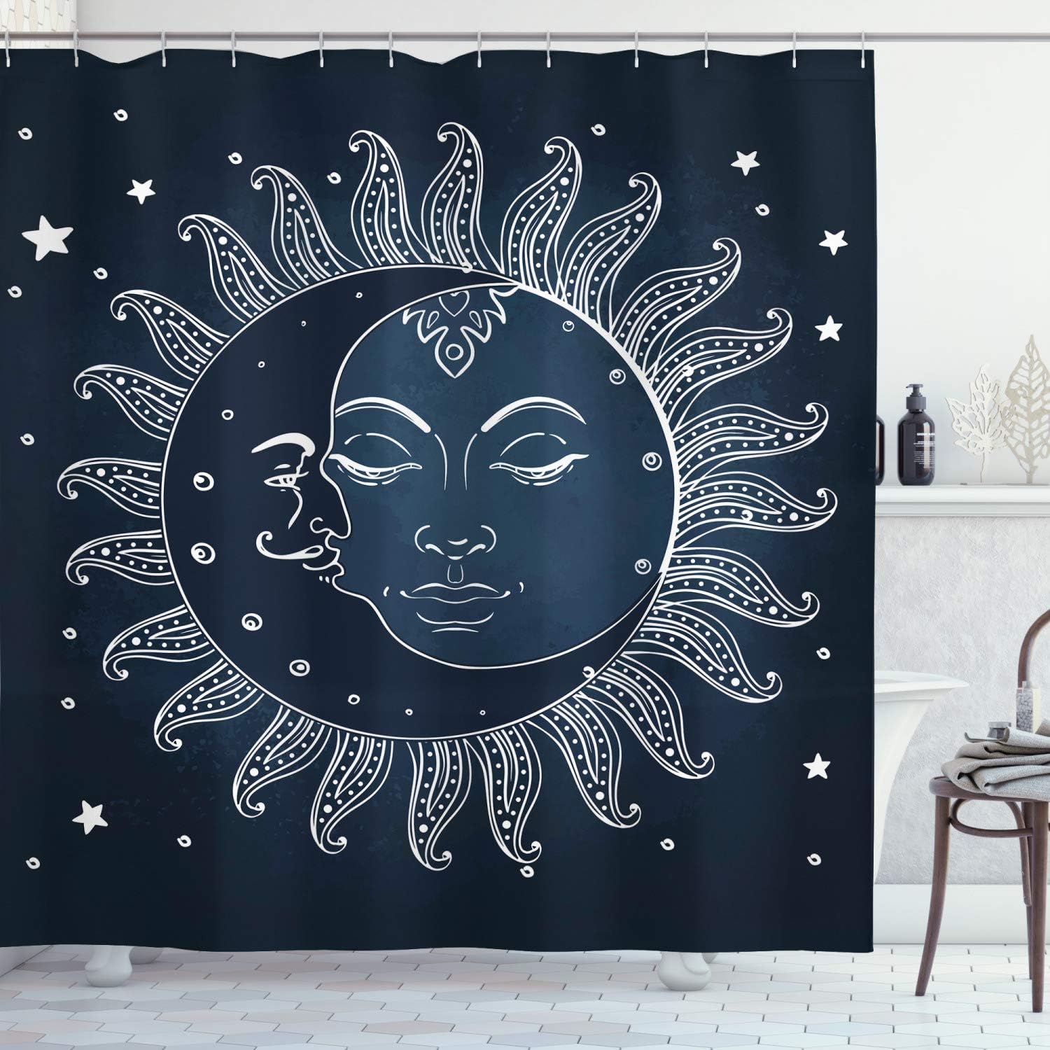 Celestial Sun And Moon Shower Curtain, Midnight Art With Crescent Moon, Bathroom Decor