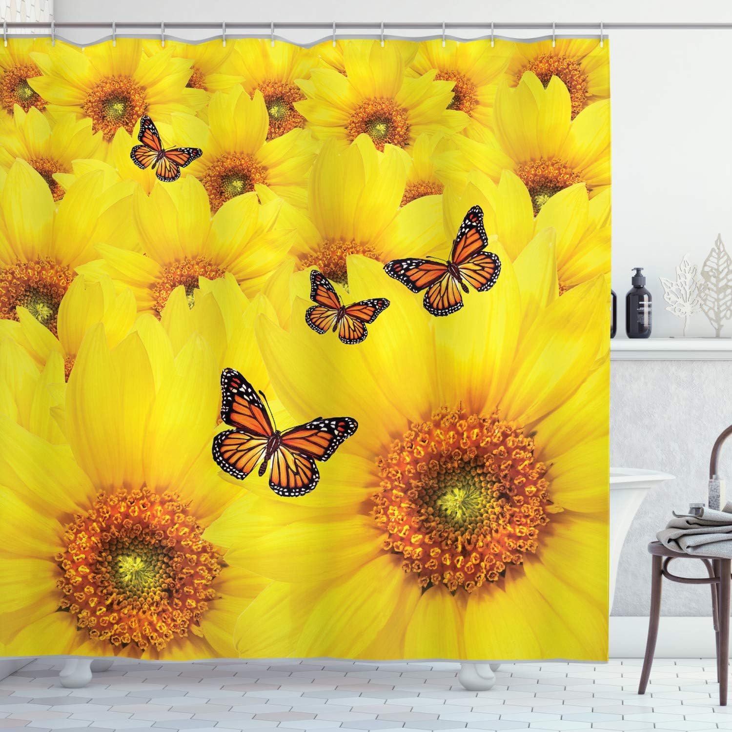 Close-Up Sunflower Shower Curtain, Warm Colors And Butterfly Design, Bathroom Decor
