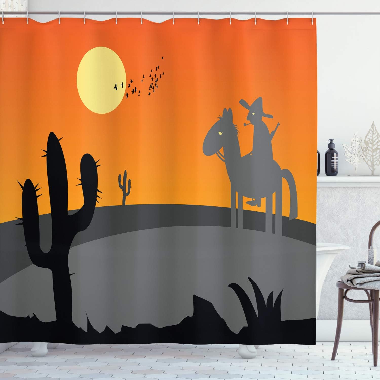 Hot Mexico Landscape Shower Curtain, Southwestern Bathroom Decor With Cartoon Cactus And Horse Rider, Grey Orange 69 X 69