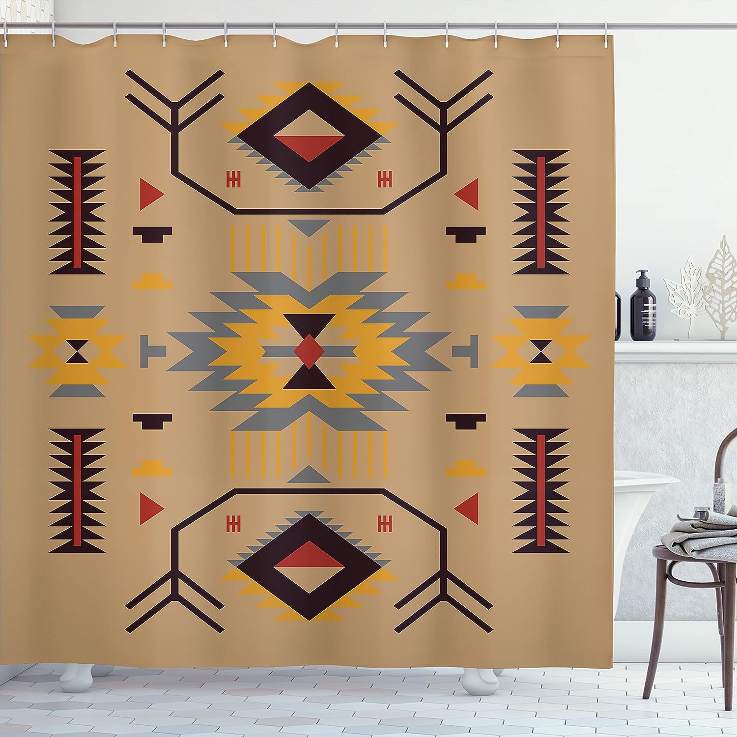Ethnic Zigzag Shower Curtain, Southwestern Artwork Bathroom Decor With Triangular Motifs, Dark Sand Cloth Fabric