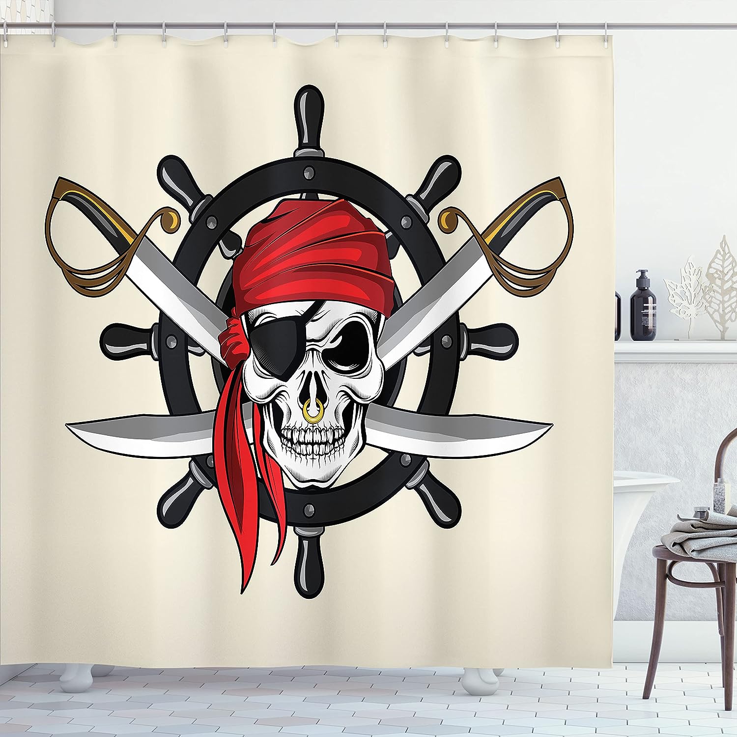 Pirate Skull Shower Curtain, Scarf Wheel Violence Sea Sail Adventure Cloth Bathroom Decor, Cream Black Red