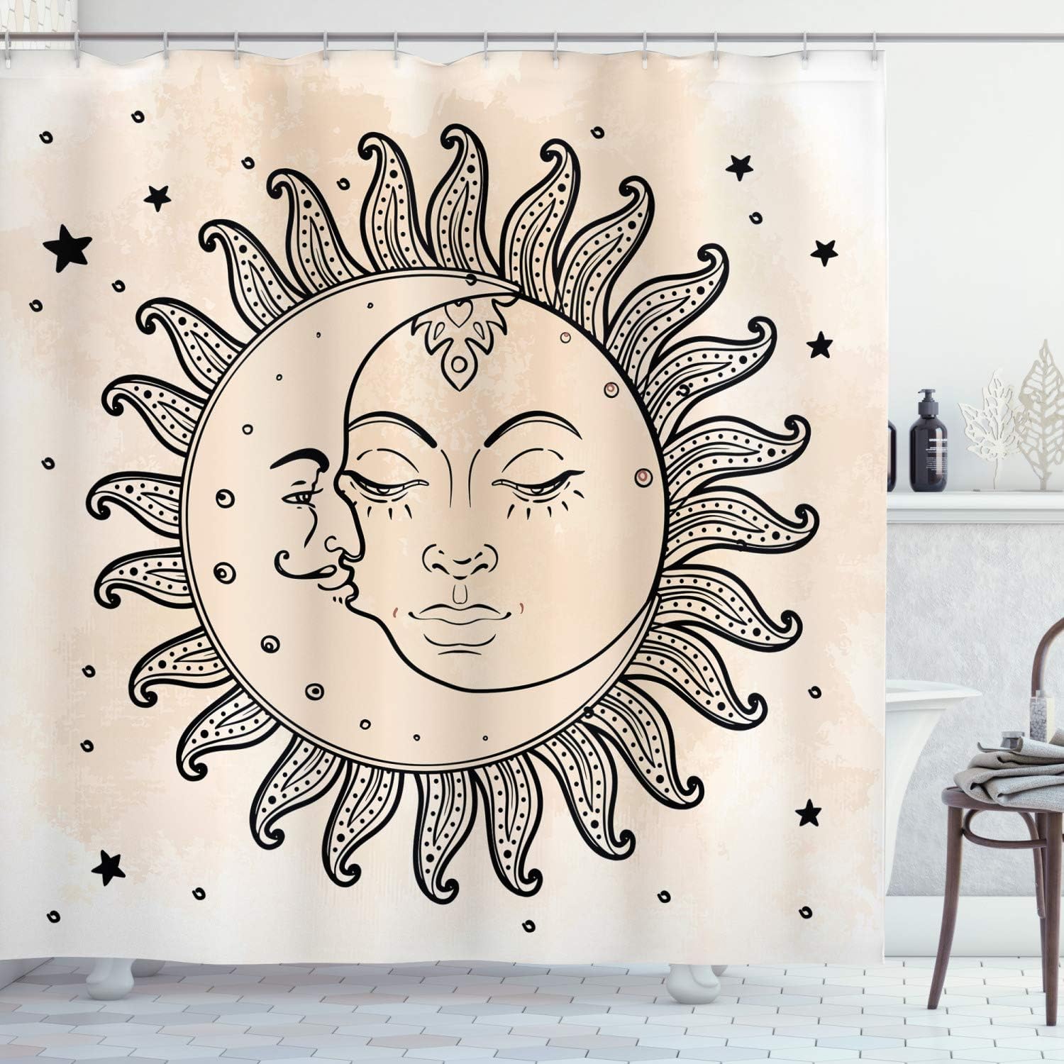 Celestial Composition Shower Curtain, Sun And Moon Cloth Bathroom Decor, Charcoal Grey Tan
